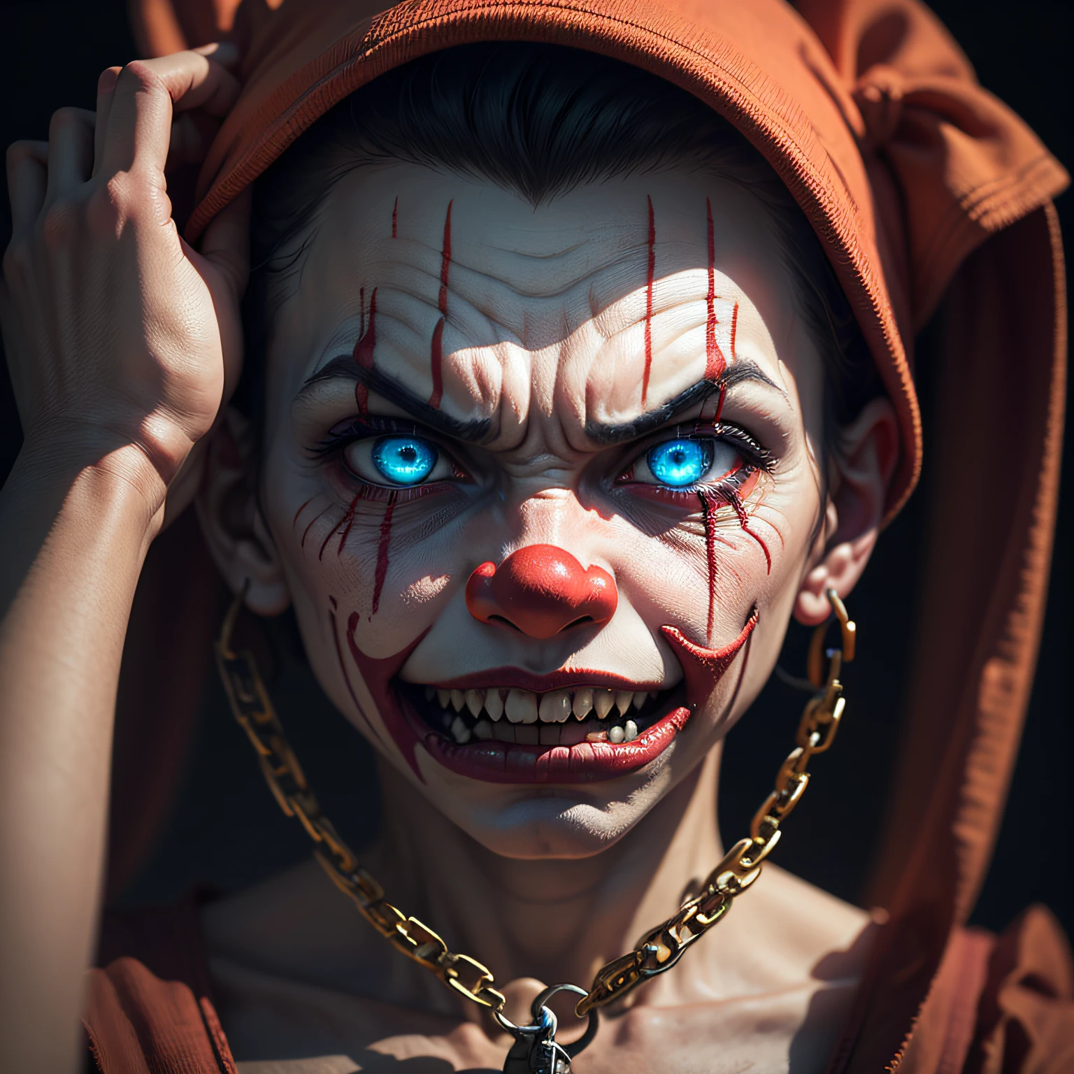 Chained Clown	 An unsettling image of an evil clown chained and confined, their eyes filled with anger and longing for freedom, symbolizing their twisted and tormented nature, Ultra realism, color field printing, high detail, UHD, 8k, anatomically correct, cinematic lighting 4d quality --auto