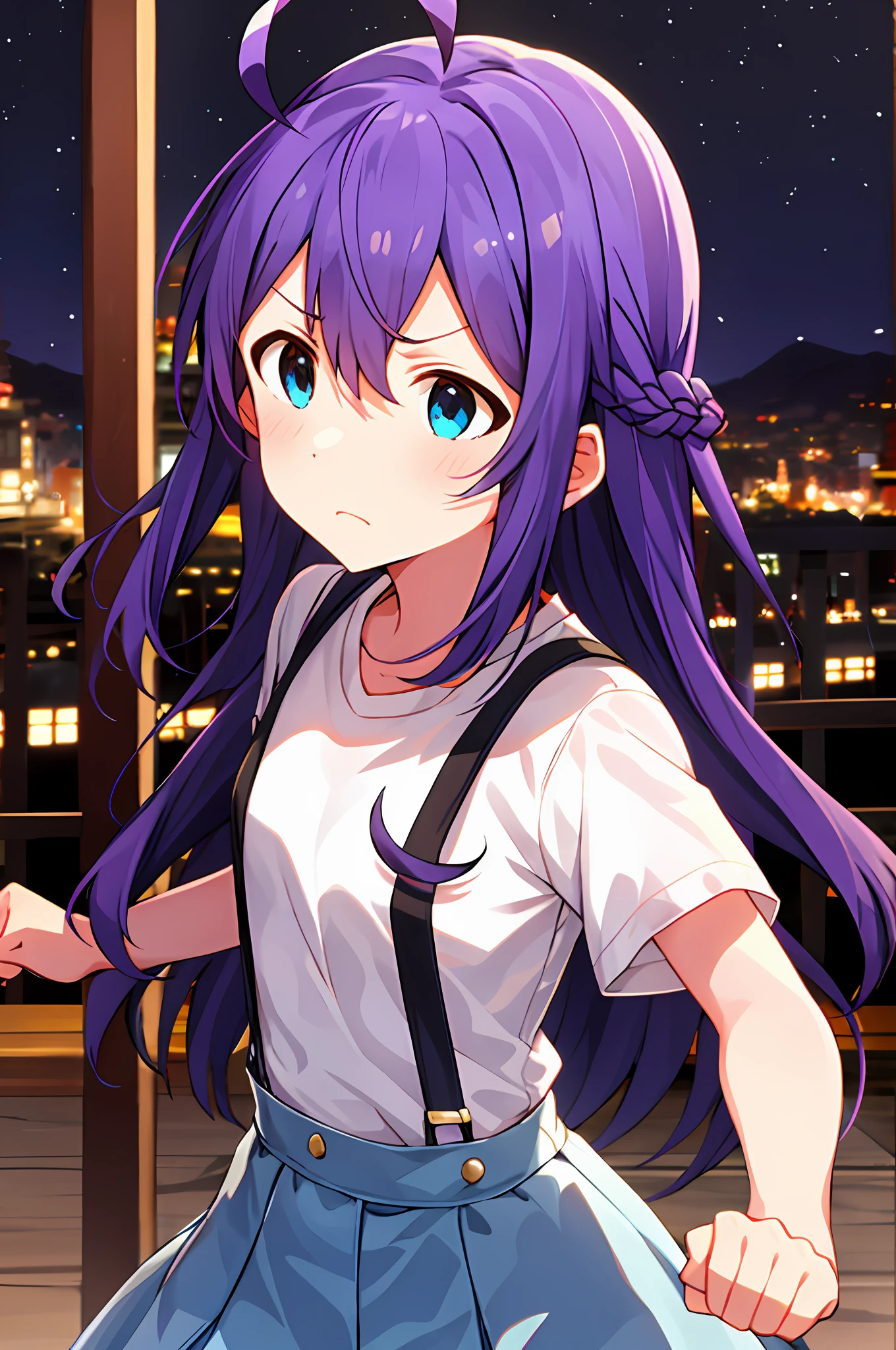 mochizuki anna,1girls,Solo,Long hair,Purple hair,Small_Ahoge,Blue eyes.Short stature.white t-shirts.suspenders.Skirt.Night view.fighting stance.Despair face.Clench your fists.