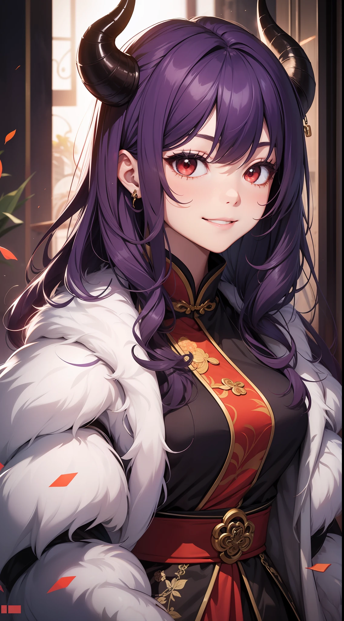 young girl, long curly purple hair, red eyes, Pale, rich Chinese fur coat, Horns, a smile, tea, 巨作, high qulity