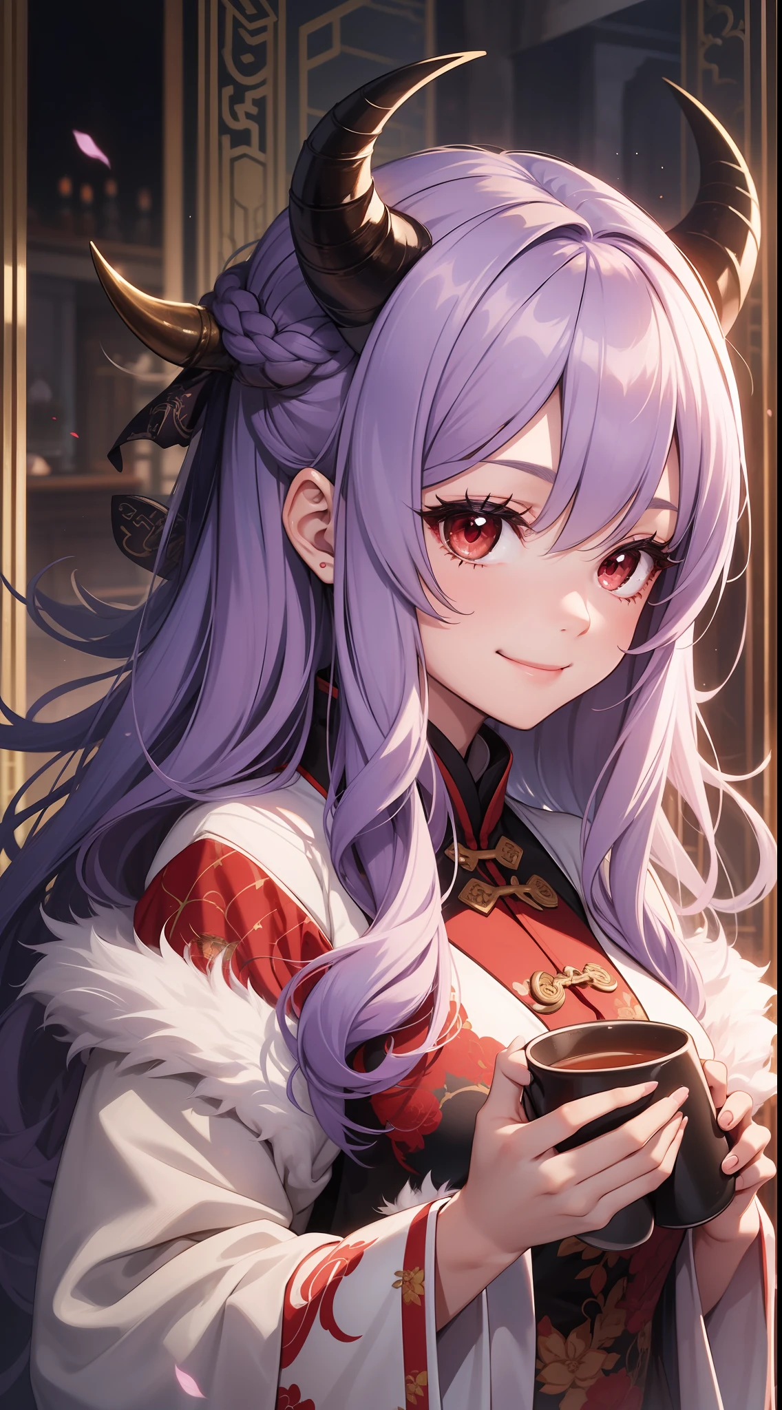 young girl, long curly purple hair, red eyes, Pale, rich Chinese fur coat, Horns, a smile, tea, 巨作, high qulity