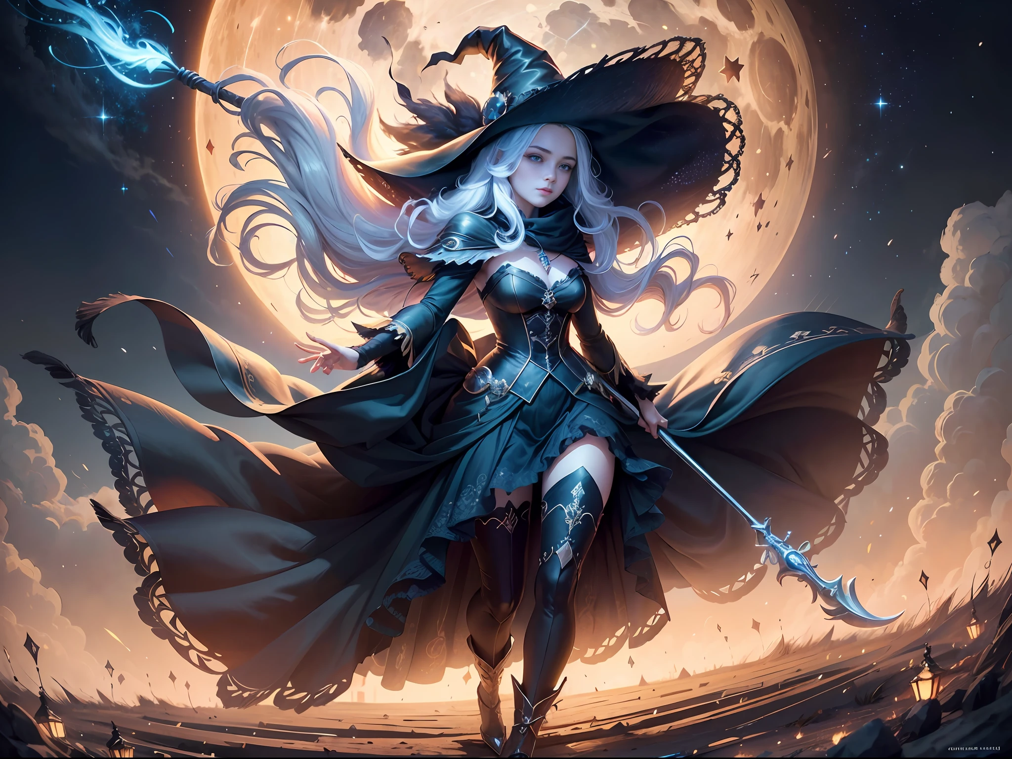 (Full body like:1.5), I walked the bustling city streets, Surrounded by towering buildings and bustling crowds。I saw some witches flying in the sky on broomsticks, Their long hair fluttered in the wind, Looks very free。I also want to learn flying magic, But I know it takes a lot of time and effort。, In this magical world, Everything is full of unknowns and surprises。I believe I will have a journey full of adventure and growth here。, Parting lips, Lens flare, f/4.0, ultra high def, ccurate, Textured skin, Super detail, High details, High quality
