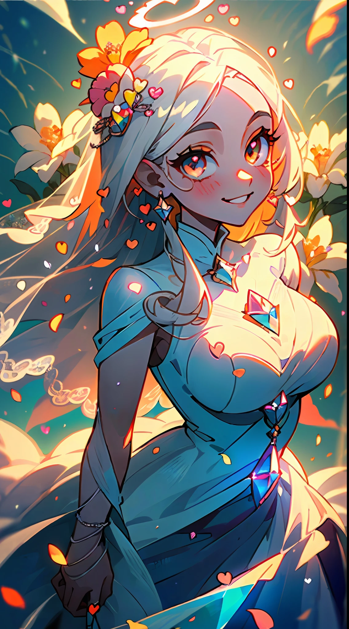 ((wedding)), ((Bride)), ((White Hair)), Orange Pink Eyes, Two-Tone eyes, ((Bridal Outfit), ((Flowers)), ((Petals)), ((Curvy)), ((Elegant)), ((Orange)), ((Crystals)), ((Love, Smile, Hearts)), ((White Brides Dress)), ((Long Hair)), ((Angel, Angelic, Halo)), ((Goddess)), looking at viewer