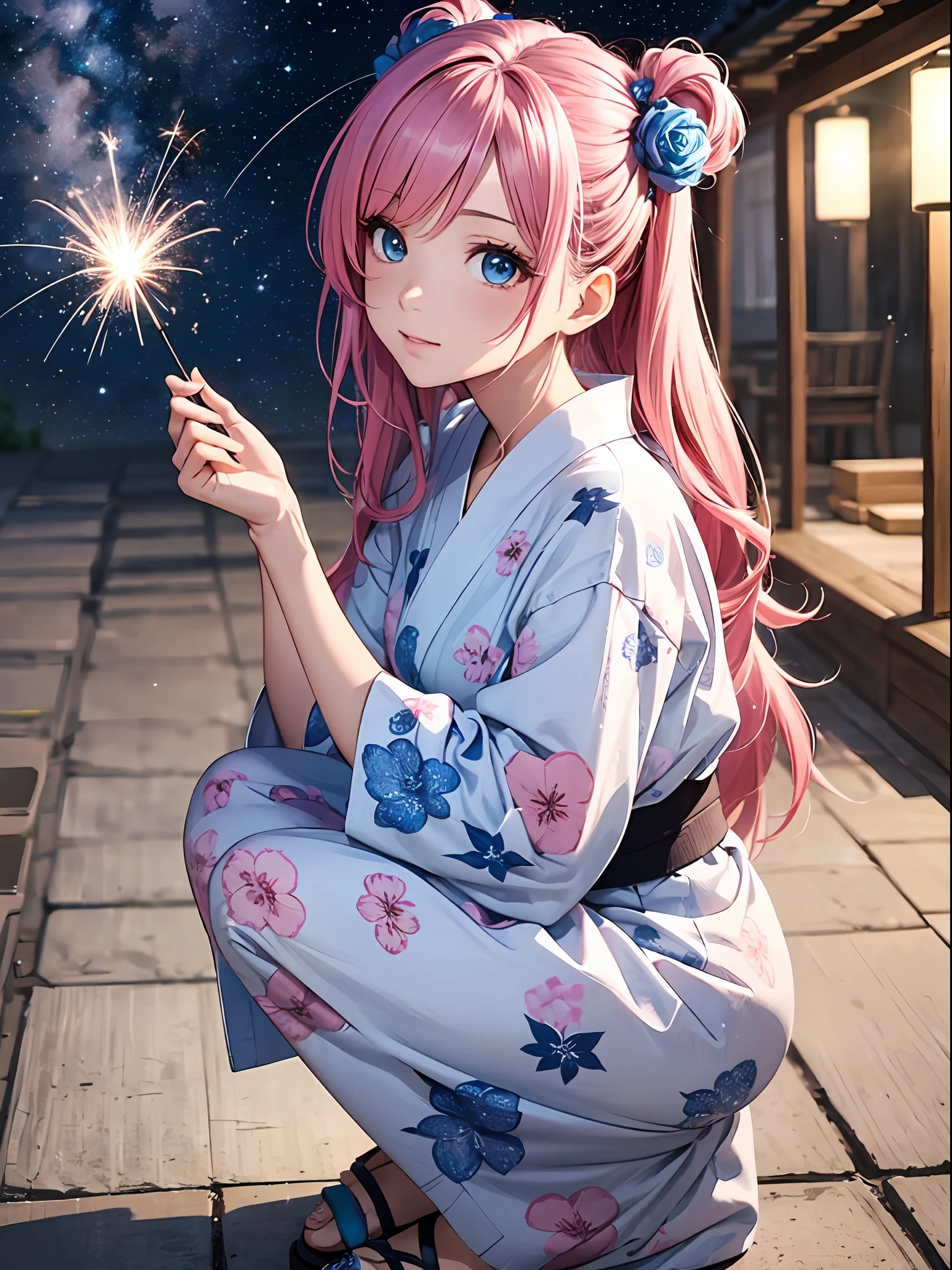 最好的质量, Photorealistic, super fine illustrations, beautiful attractive anime girl, Megurine Luca, Pink hair, Tied hair, only girl, photo of girl in yukata, Full body shot, Beautiful Blue Eyes, Turned, Milky Way, (summernight), Yukata with flashy pattern, Sandals, Squatting and doing sparklers,
