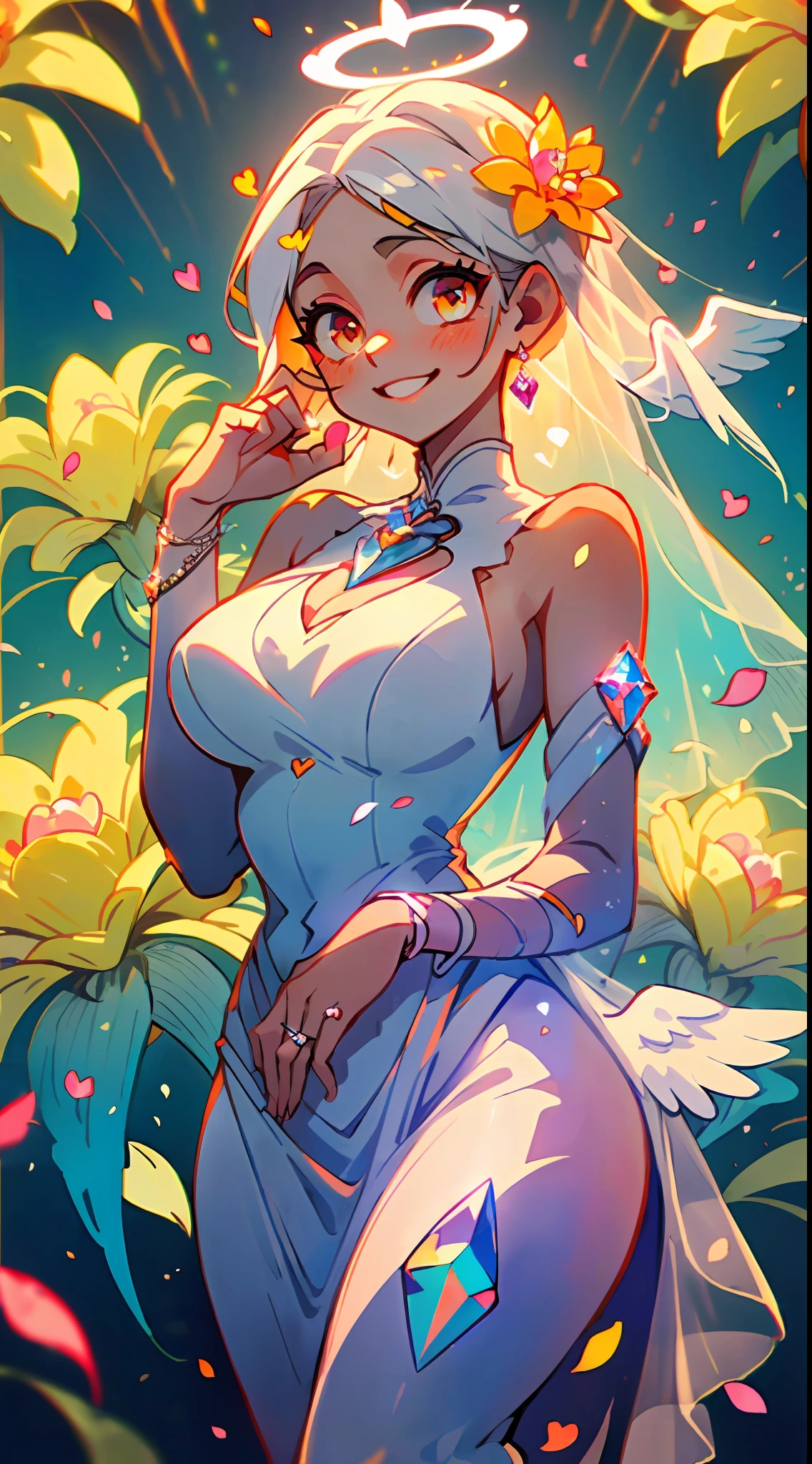 ((wedding)), ((Bride)), ((White Hair)), Orange Pink Eyes, Two-Tone eyes, ((Bridal Outfit), ((Flowers)), ((Petals)), ((Curvy)), ((Elegant)), ((Orange)), ((Crystals)), ((Love, Smile, Hearts)), ((White Brides Dress)), ((Long Hair)), ((Angel, Angelic, Halo)), ((Goddess)), looking at viewer