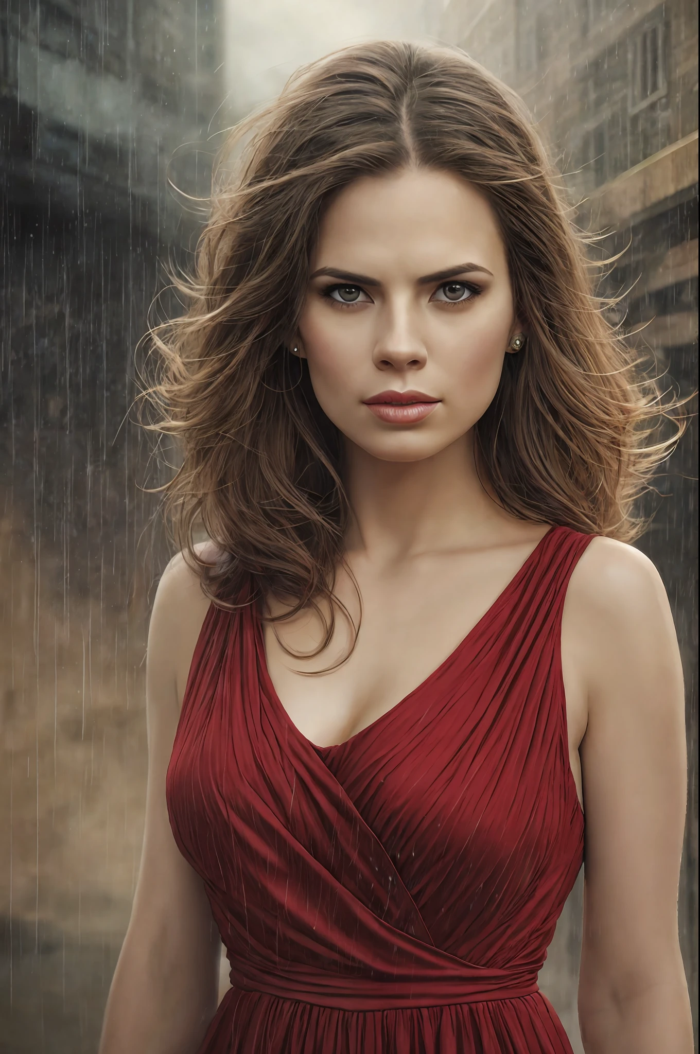 (Thirty year old) woman, standing in the rain, wearing a (long bright red dress:1.2), dreamy photo, dramatic pose, looking straight at camera, intense stare, slight smile, portrait, beautiful landscape, misty, painting by andre kohn. Hayley Atwell, intricate, 8k, highly detailed, (extremely detailed CG unity 8k wallpaper), ((square jaw)), (well defined jaw), (downturned lips), (detailed anatomy), Hyperrealistic, trending on CGSociety, Intricate, High Detail, Sharp focus, dramatic, volumetric lighting, digital painting, intense, modelshoot style, (extremely detailed CG unity 8k wallpaper), full shot body photo of the most beautiful artwork in the world, pearl skin, by Jeremy Mann, trending on ArtStation, photorealistic painting art by midjourney