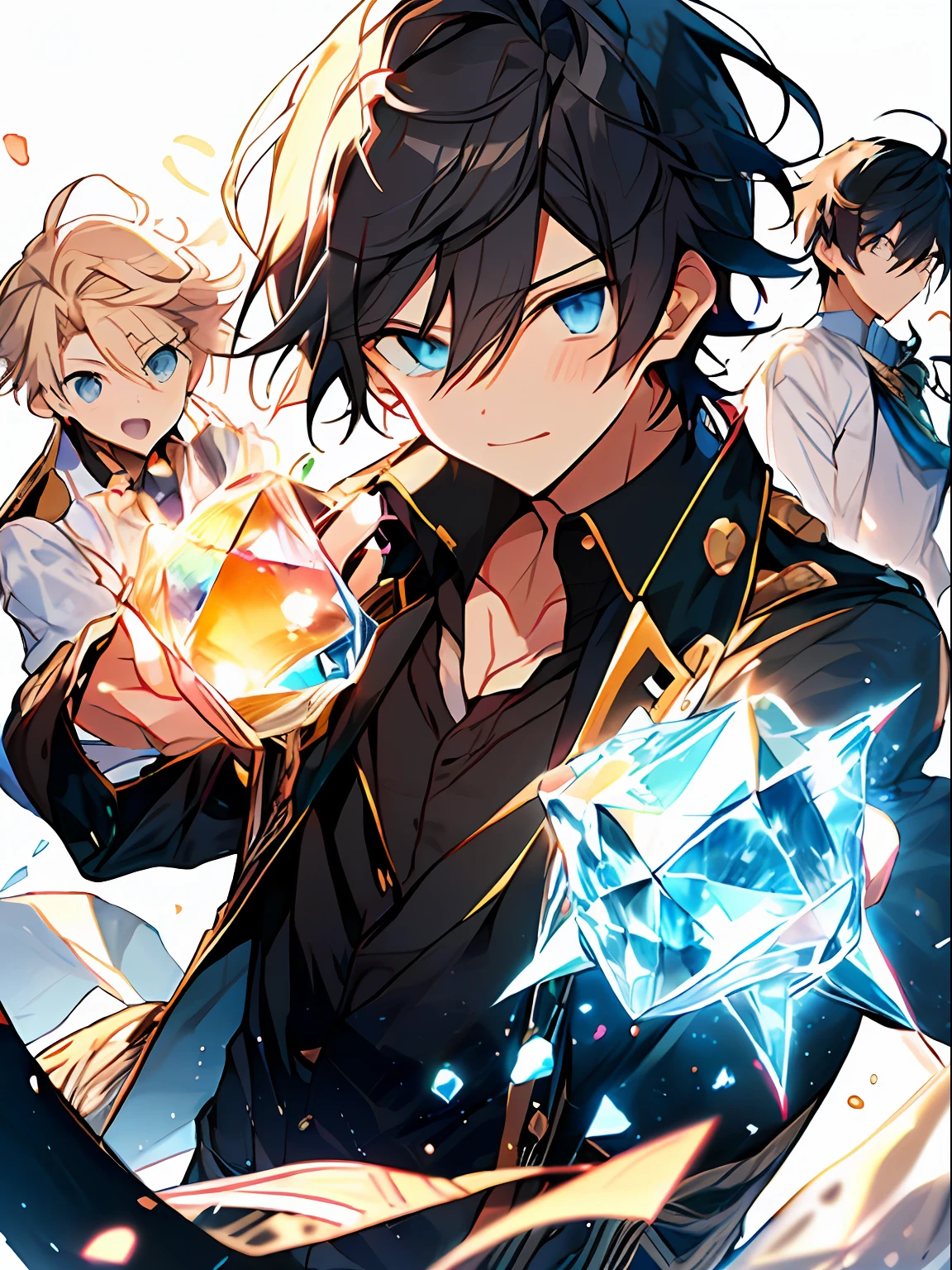 ((最好的质量、A masterpice))、Two anime handsome men、knights、black hair、a blond、Blue eyes、Golden Eyes、sirius a and sirius b、Comic art、high quality fanart、from cryptid academia、inspired by Masanobu Okumura、epic anime style、detailed fan art、Akihiko Inoue and Rostran