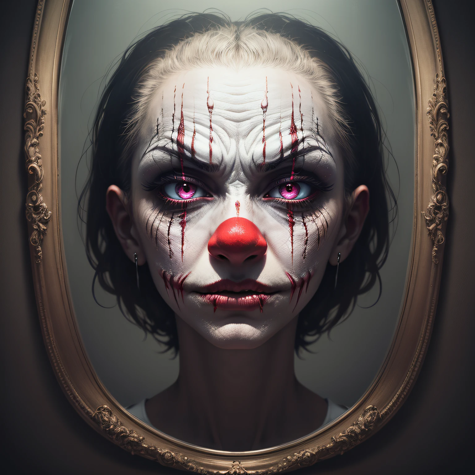 Distorted Reflection A visual representation of an evil clown's reflection in a cracked and distorted mirror, with their features warped and twisted, mirroring their distorted soul. --auto