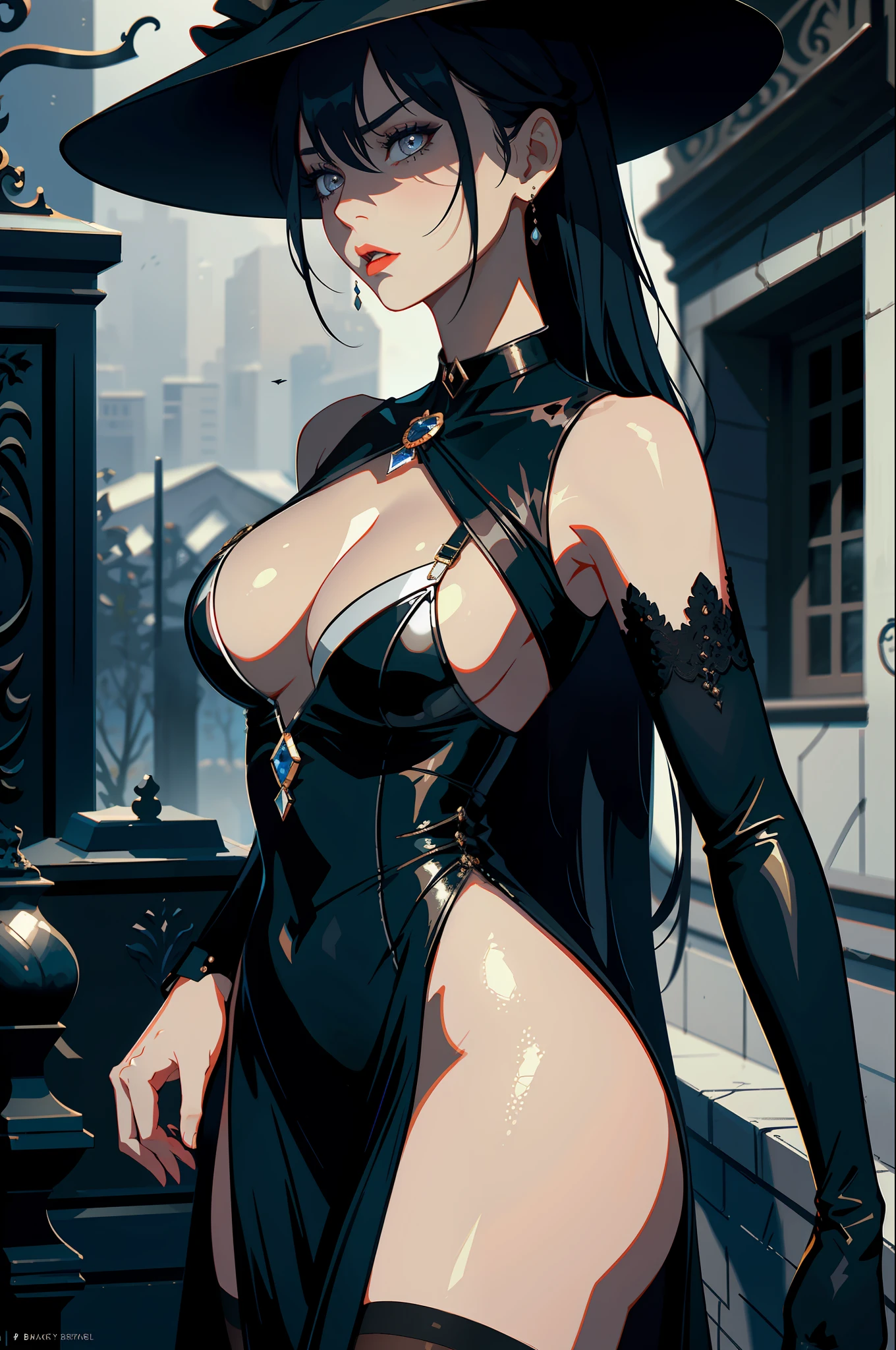 1girls, widow,Delicate and beautiful face, Angry, pearl choker,Full, symmetrical chest,Convex buttocks,black long dress,black lence stockings,black heels,Black hat,long black gloves,perfectly proportioned, Detailed clothing details,overcast weather,funeral,Cinematic lighting, filmgrain, Fujicolor, light and darkcontrast, 8K, 巨作, Textured skin, Super detail, high detailes, High quality, high resolucion,