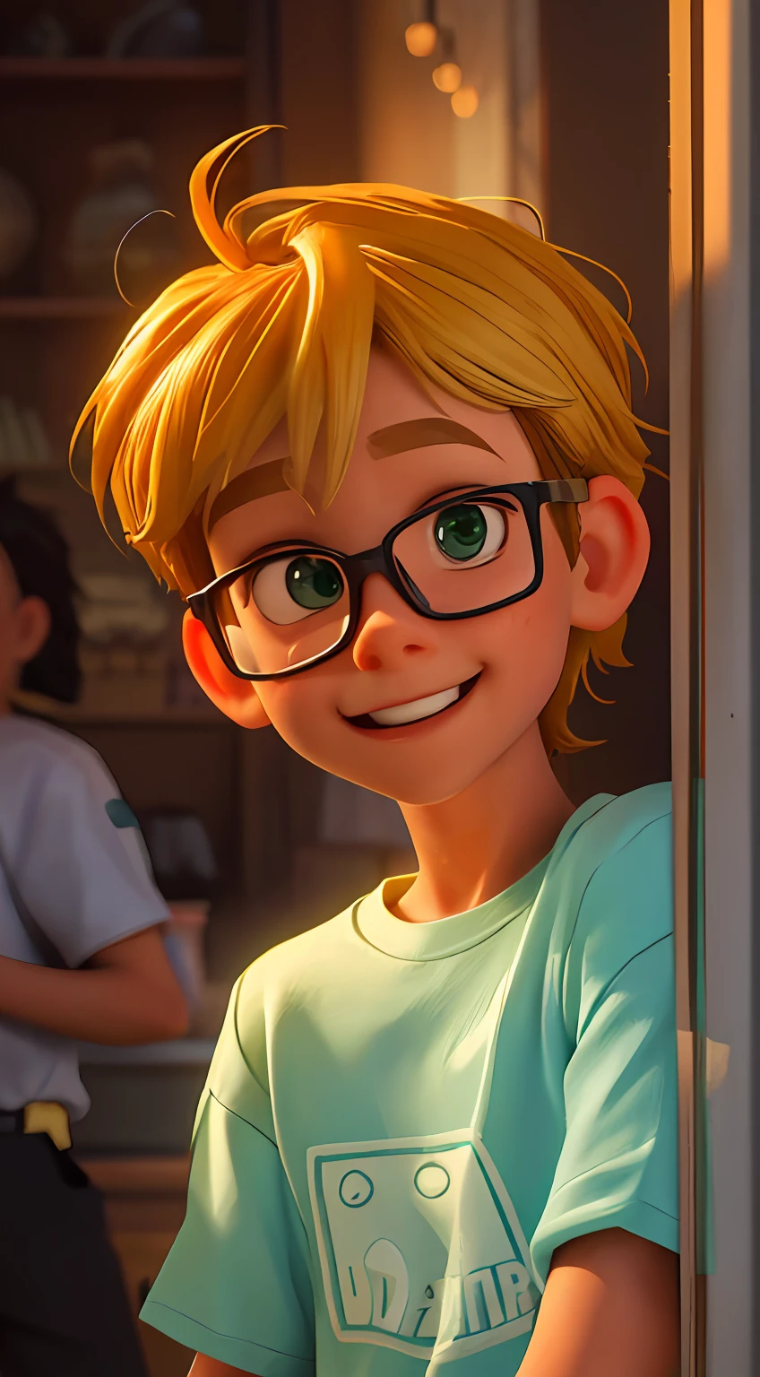 a -yeld boamed Peter, blond, glasses, wearing a green T-shirt, black shorts, flip-flops, happy, nerdy, detailed, Pixar style, vibrant color palette, contrasting details, soft and fuzzy lighting, by artgerm, wide-angle camera lens