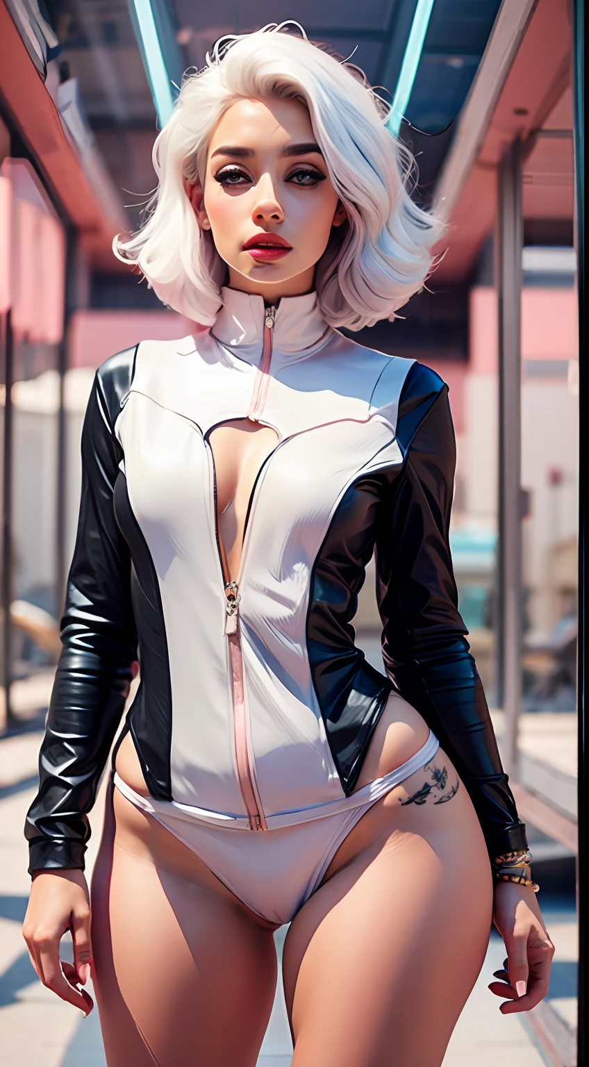 1 woman with a semi-transparent and stylish white outfit, featuring curves and artistic concepts, white hair, neck tattoos, , with circles and fractals in the background")