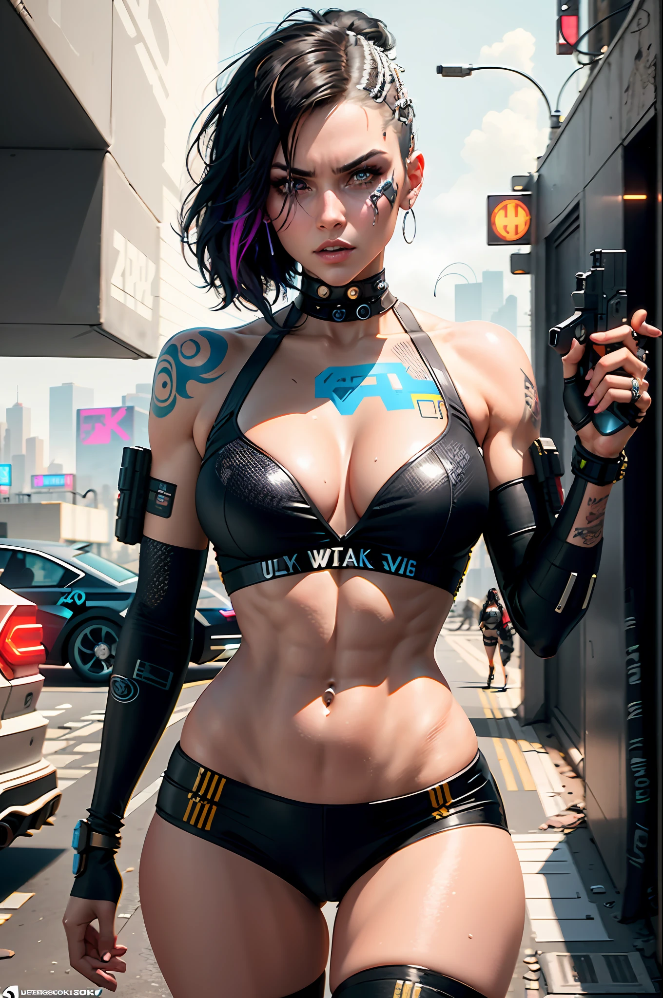 arafed woman with a gun and a tattoo on her chest, cyberpunk 2 0 y. o model girl, muscular! cyberpunk, cyberpunk beautiful girl, hyper-realistic cyberpunk style, ultra realistic concept art, cyberpunk girl, cyberpunk style , hyperrealistic, cyberpunk angry gorgeous goddess, cyberpunk character, beautiful cyberpunk woman model, cyberpunk art ultrarealistic 8k, cyberpunk judy alvarez