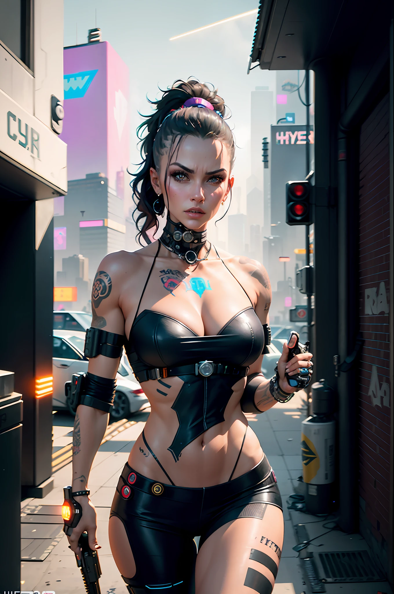arafed woman with a gun and a tattoo on her chest, cyberpunk 2 0 y. o model girl, muscular! cyberpunk, cyberpunk beautiful girl, hyper-realistic cyberpunk style, ultra realistic concept art, cyberpunk girl, cyberpunk style , hyperrealistic, cyberpunk angry gorgeous goddess, cyberpunk character, beautiful cyberpunk woman model, cyberpunk art ultrarealistic 8k, cyberpunk judy alvarez