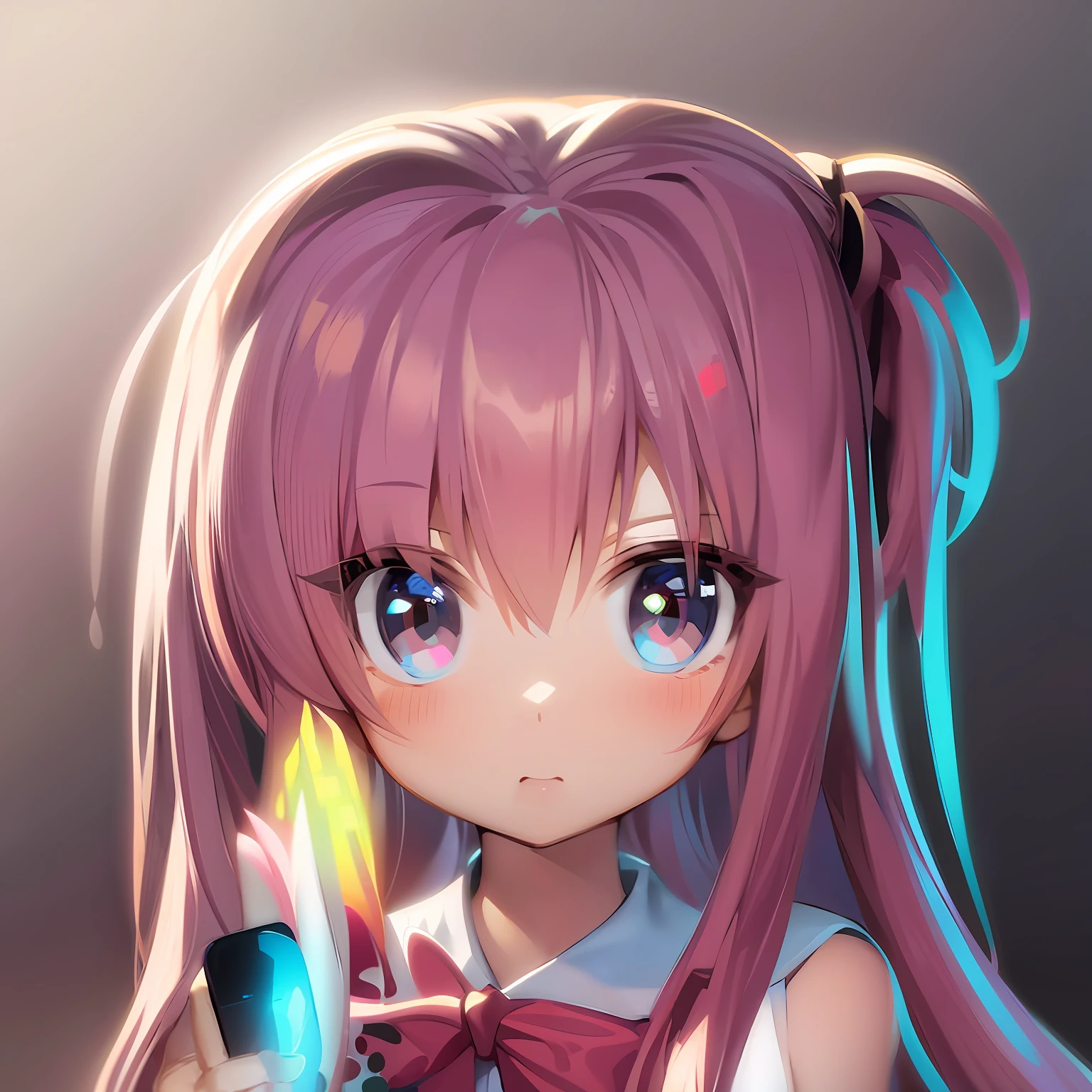 anime girl with long pink hair and green bow holding a cell phone, anime moe art style, pink twintail hair and cyan eyes, Anime girl named Lucy, Cute anime face, painted in anime painter studio, made with anime painter studio, extremely cute anime girl face, anime portrait, portrait of cute anime girlbabes, portrait of cute anime girlbabes, Cute Anime Girl, twintails