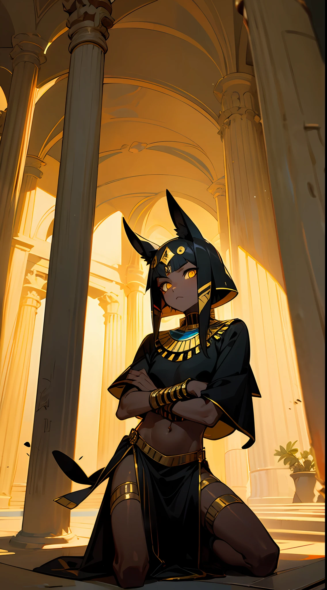 (Egyptian girl)(black har)(Yellow eyes)(Cat ears)(cat tails)(Black skin)(Egyptian-inspired clothing)Stand in the pyramid,Behind him was Anubis kneeling,On his left arm is parked Nighthawk