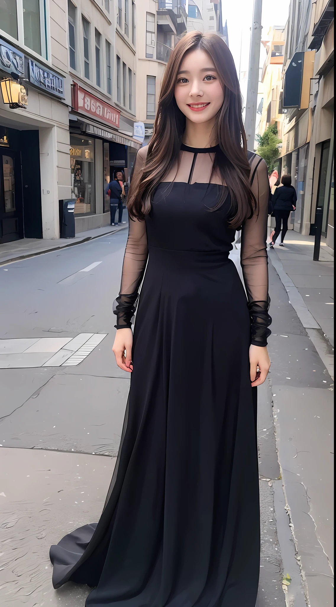 ((Best quality, 8k, Masterpiece :1.3)), 1girl, smiling, full body, slim face, Pretty woman, (Dark brown hair), full length dress :1.1, Ultra-detailed face, Detailed eyes, Double eyelid, blur background, slim face, city, outside, street,