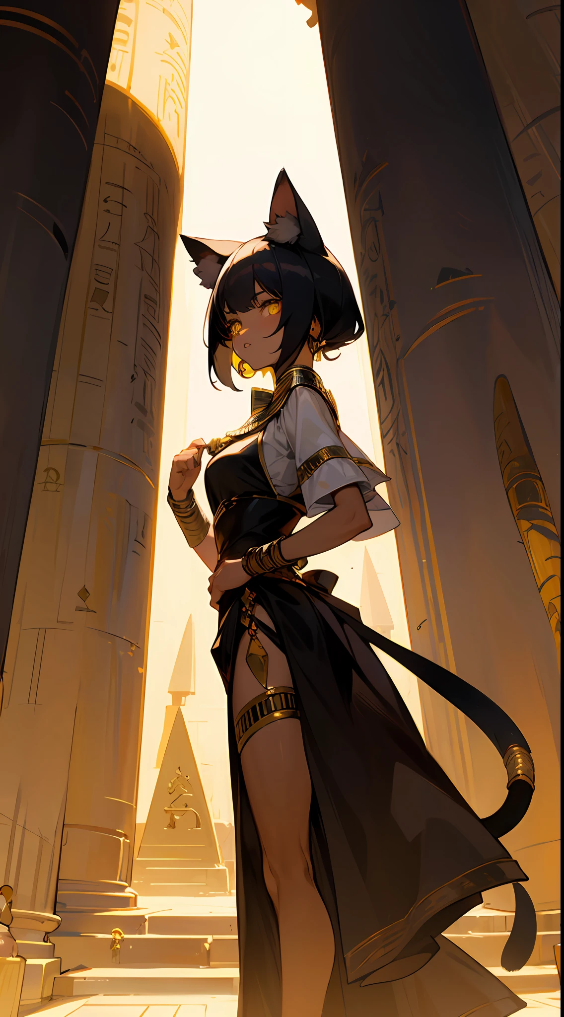 （Egyptian girl）（black har）（Yellow eyes）（Cat ears）（cat tails）（Black skin）（Egyptian-inspired clothing）Stand in the pyramid