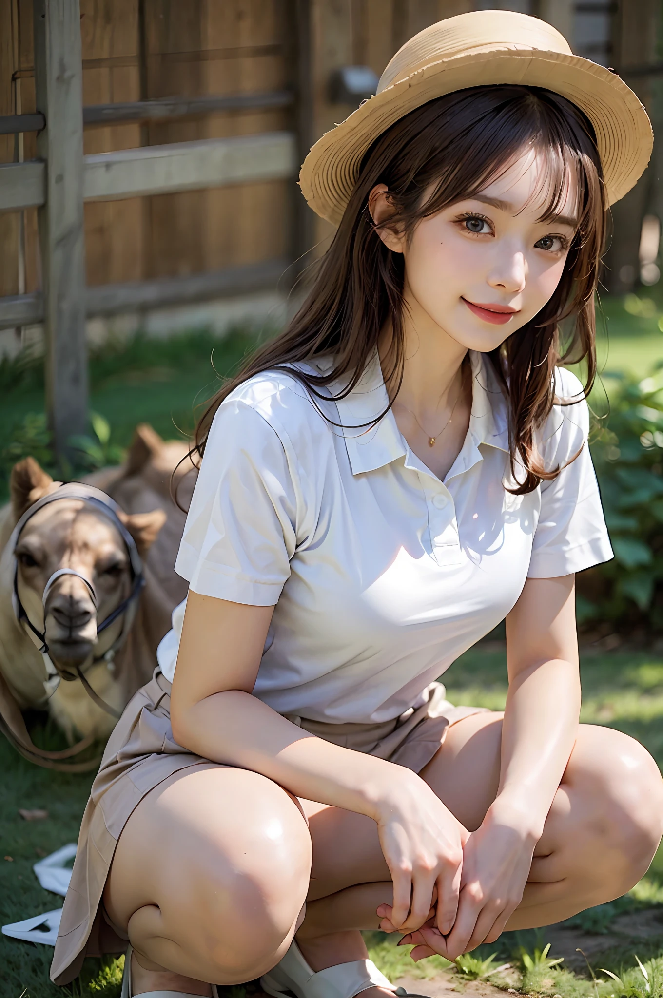 beste Quality、Masterpiece、natural lightin、Daytime sunshine in summer、a 1 girl、独奏、20-year-old、Brown hair、Half Japan and Korean beauty、Models、a Pretty、Super beautiful、Clean brown eyes、Show panties、medium tits、Kojiri、Green golf course、A blue sky、Squatting on the green、front facing、White polo shirt、sun visor、Pink middle skirt、smile on face、Realistic background、Vast lawn、((camels toe))、