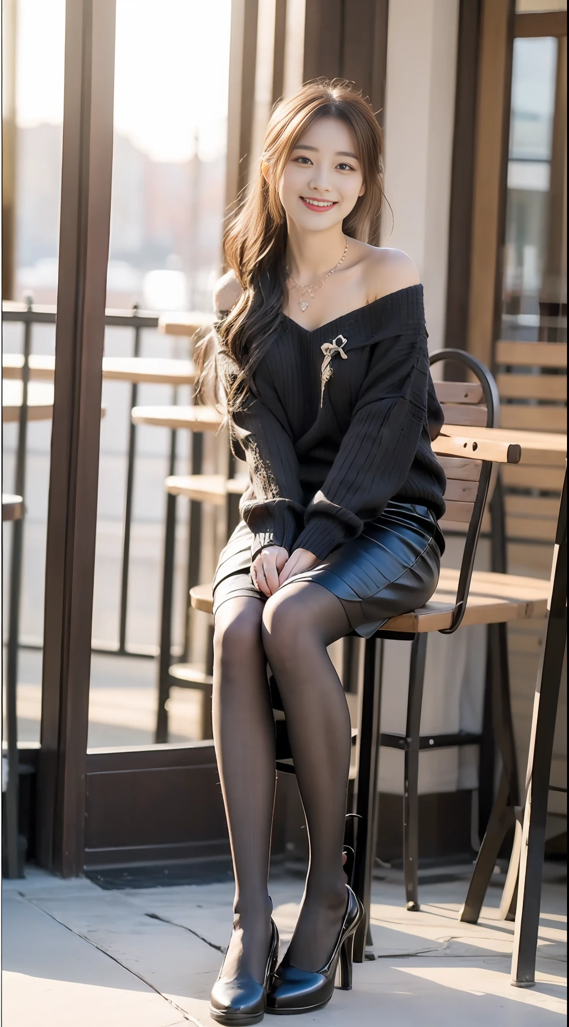8k uhd, dslr,film grain, Fujifilm XT3,(best quality:1.3), (masterpiece:1.1), high resolution, cinematic light, intricate details, (photorealistic),outside,beautiful outside,sunny,
korean girl,(in cafe:1.5) , dimples, bobcut, looking at viewer, detailed trees, ribbons, bowties, bare shoulders, ribbed sweater, 
pencil skirt, high-waist skirt, head rest, sitting, indoors,
 necklace,black pantyhose, sheet transportation sweater, (smile),(full body:1.6),slender,