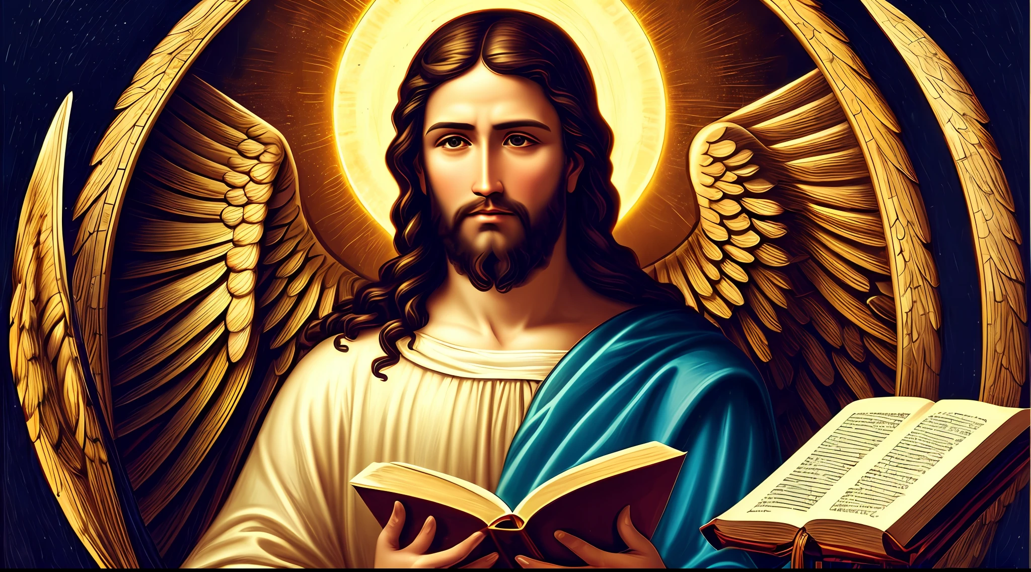 imagem de um homem com uma coroa e um livro, Retrato de um Deus Celestial, Jesus Cristo, Jovem Deus Todo-Poderoso, reino divino dos deuses, Rei dos Reis, deus divino, biblical accurate angel, Retrato de Jesus Cristo, Jesus, queen of heaven, imagens sagradas, bible illustration, imagens religiosas, arte conceitual de deus, fan art, catholic religious art --auto