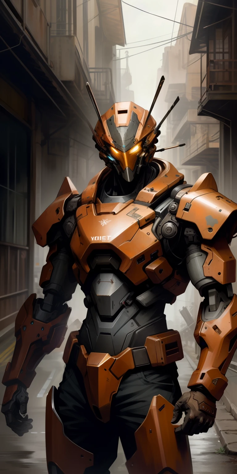 Portrait photo of an alpha male, perfect eyes, in a worn mecha suit, intricate, (steel metal [rust]), elegant, sharp focus, photo by greg rutkowski, soft lighting, vibrant colors, masterpiece, ((streets)), cowboy shot, dynamic pose,