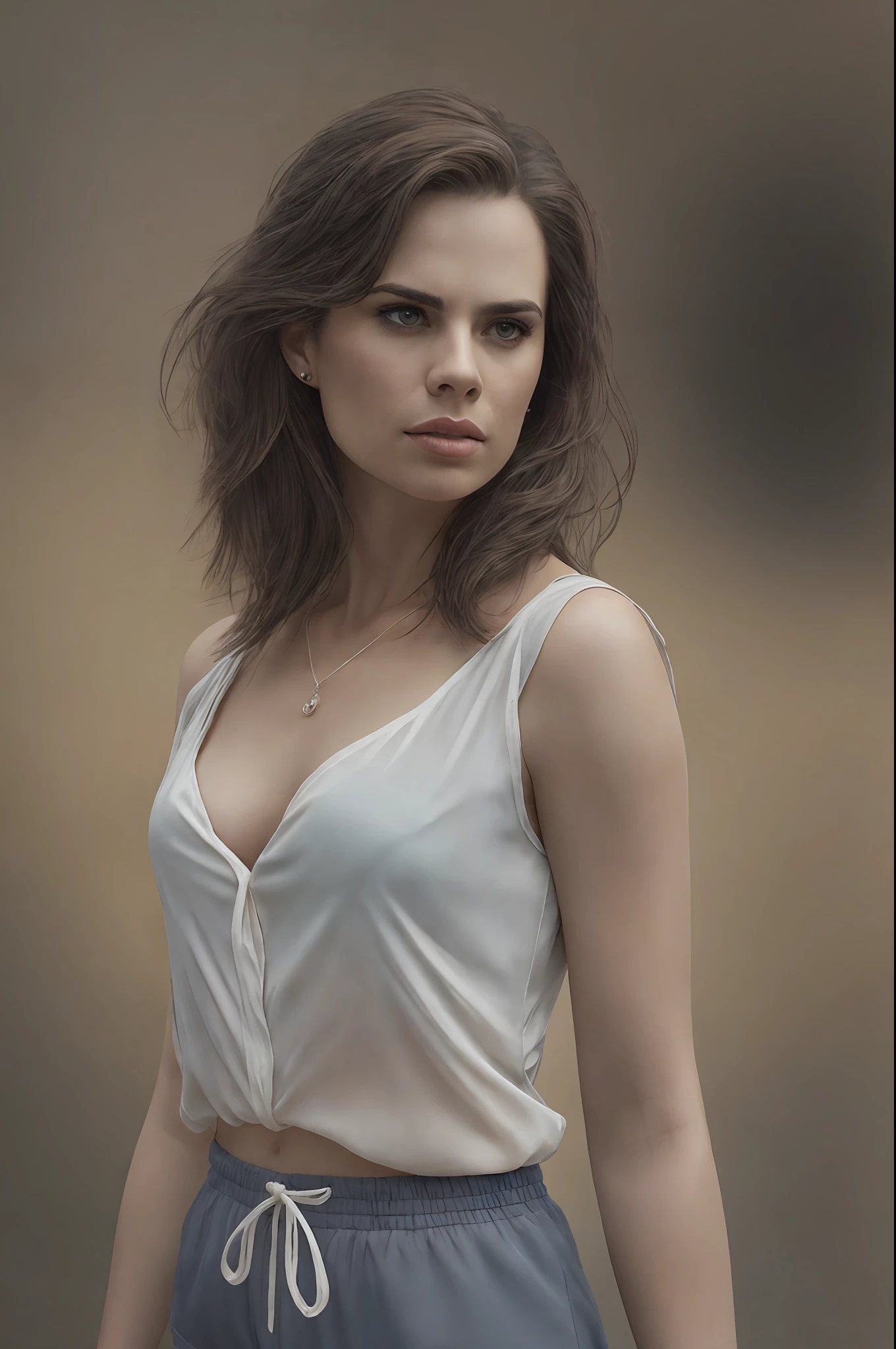 (Thirty year old) woman, Hayley Atwell, standing in park, wearing a (chiffon blouse and shorts:1.2), dreamy photo, dramatic pose, looking straight at camera, intense stare, slight smile, portrait, detailed skin texture, beautiful landscape, misty, painting by andre kohn. Intricate, 8k, highly detailed, (extremely detailed CG unity 8k wallpaper), ((square jaw)), (well defined jaw), (downturned lips), (detailed anatomy), Hyperrealistic, trending on CGSociety, Intricate, High Detail, Sharp focus, dramatic, volumetric lighting, digital painting, intense, modelshoot style, (extremely detailed CG unity 8k wallpaper), full shot body photo of the most beautiful artwork in the world, pearl skin, by Jeremy Mann, trending on ArtStation, photorealistic painting art by midjourney