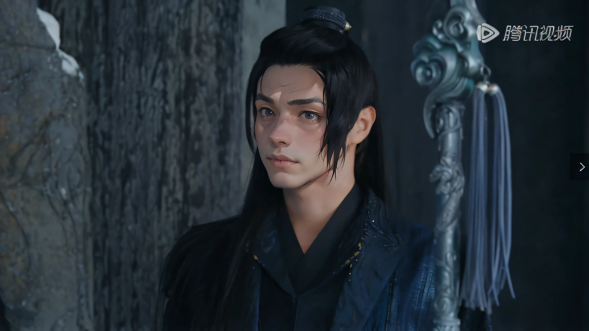 Men, red-robed man with gun, fairy hero, martial arts, long black hair, close-up, three-dimensional facial features, masterpiece, perfect light and shadow,