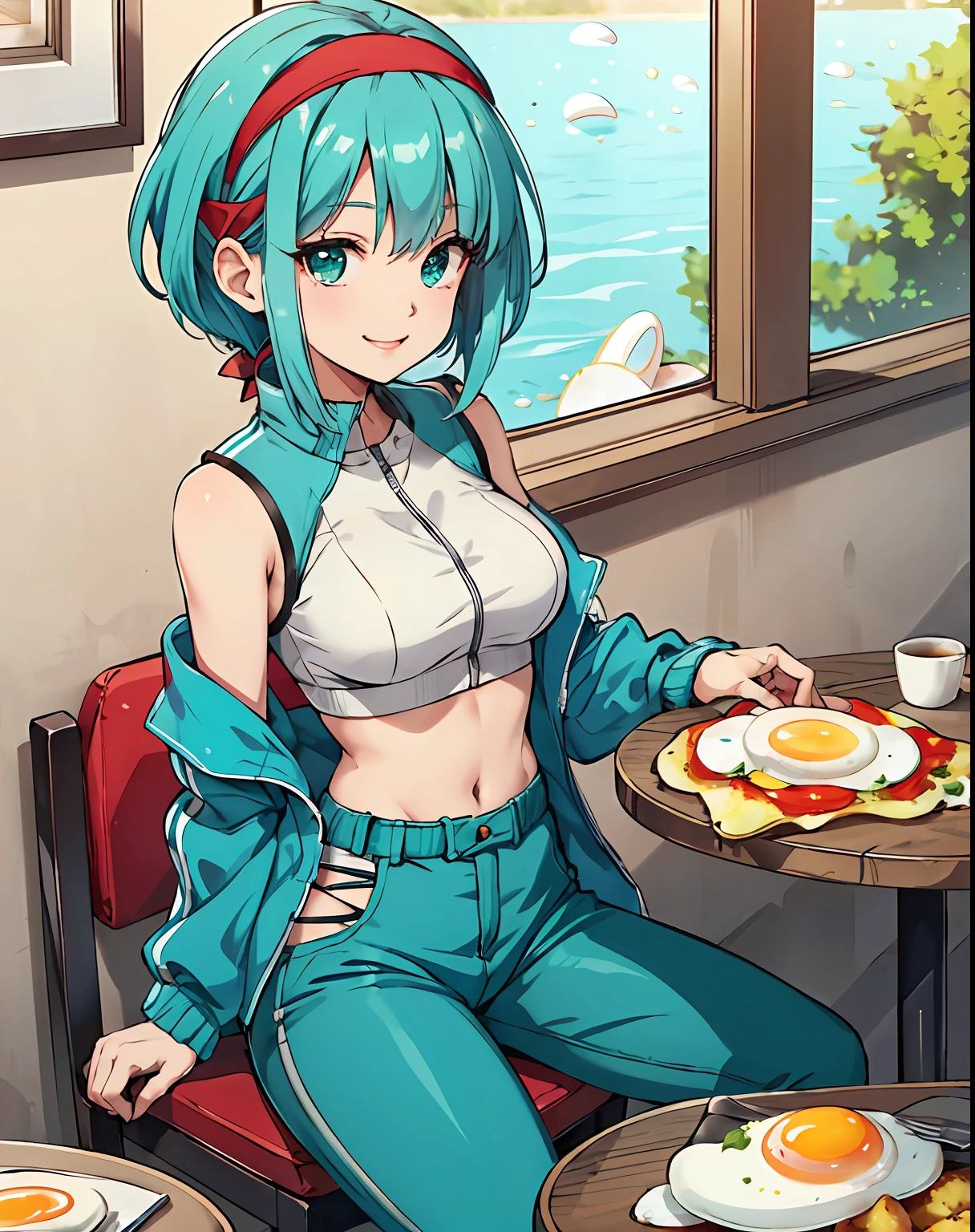 masterpiece, best quality,bulma, (tiny breasts), Windbreaker ,Low waist pants, happy, sitting on a chair at a restaurant with a table in front of her with ((fried eggs)), (red headband), medium hair,aqua eyes,aqua hair,arms at sides,from the front