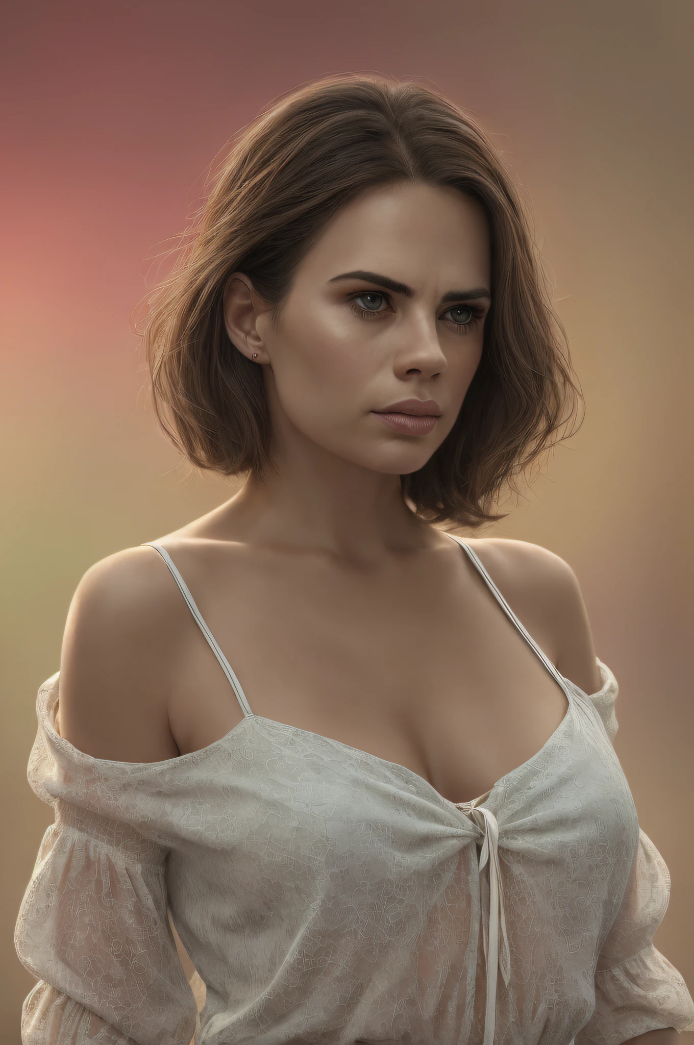 (Thirty year old) woman, Hayley Atwell, standing in park, wearing a (chiffon blouse and shorts:1.2), dreamy photo, dramatic pose, looking straight at camera, intense stare, slight smile, portrait, detailed skin texture, beautiful landscape, misty, painting by andre kohn. Intricate, 8k, highly detailed, (extremely detailed CG unity 8k wallpaper), ((square jaw)), (well defined jaw), (downturned lips), (detailed anatomy), Hyperrealistic, trending on CGSociety, Intricate, High Detail, Sharp focus, dramatic, volumetric lighting, digital painting, intense, modelshoot style, (extremely detailed CG unity 8k wallpaper), full shot body photo of the most beautiful artwork in the world, pearl skin, by Jeremy Mann, trending on ArtStation, photorealistic painting art by midjourney