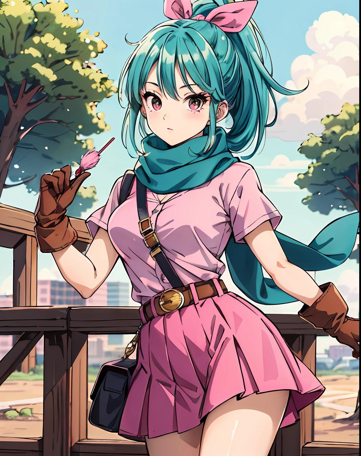 masterpiece, best quality, highres, dragon ball, blmpony, aqua hair, hair ribbon, braided ponytail, pink shirt, belt, scarf, pink skirt, clothes writing, brown gloves, medium breasts, outdoors, cowboy shot,
