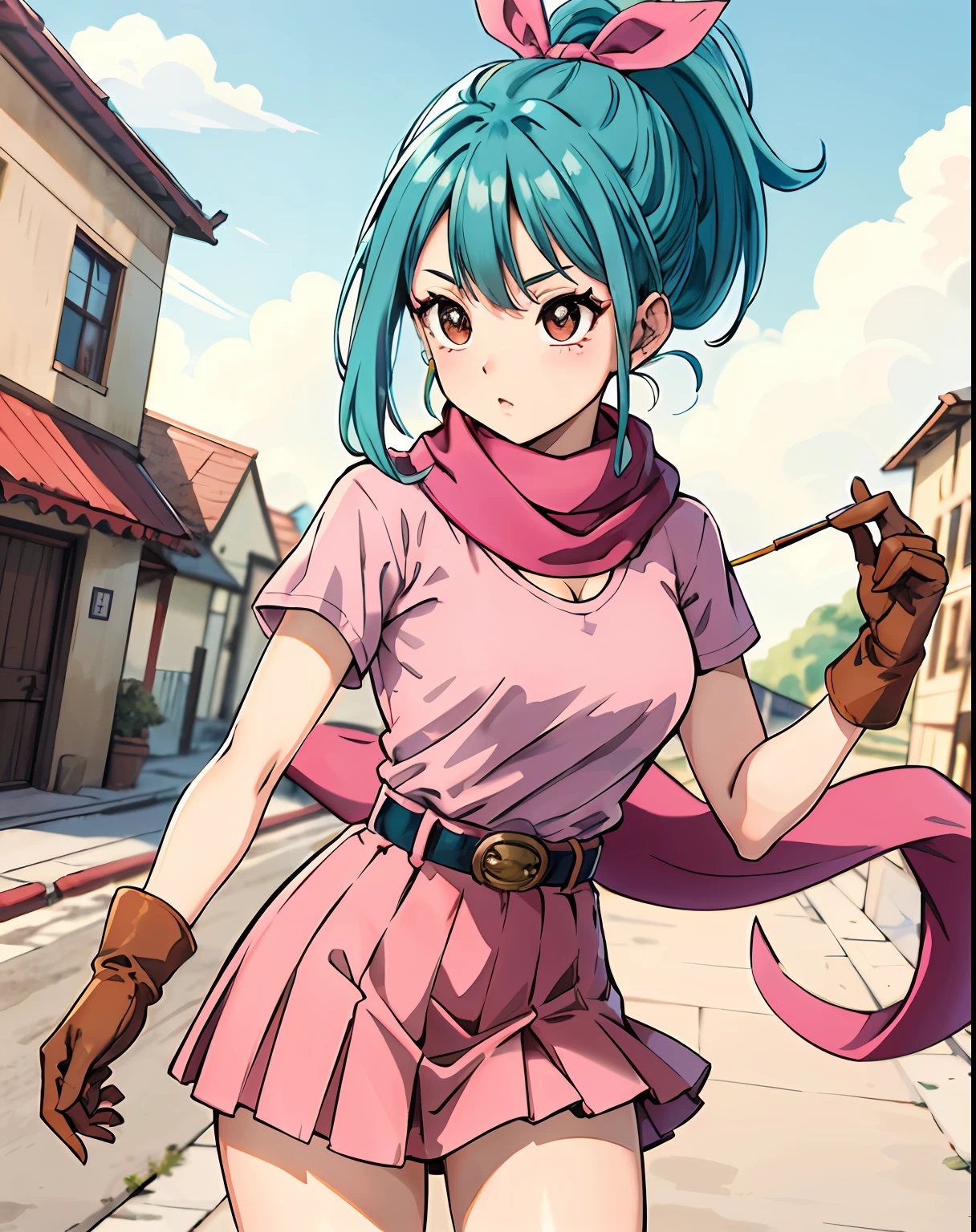 masterpiece, best quality, highres, dragon ball, blmpony, aqua hair, hair ribbon, braided ponytail, pink shirt, belt, scarf, pink skirt, clothes writing, brown gloves, medium breasts, outdoors, cowboy shot,