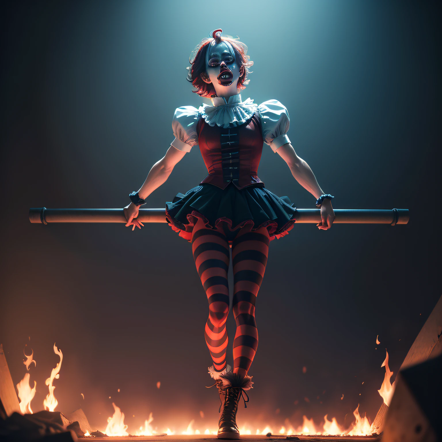 Malevolent Circus Tricks	 An image showcasing an evil clown performing twisted and dangerous tricks, such as juggling flaming objects or walking on a tightrope suspended over a pit of darkness, Ultra realism, color field printing, high detail, UHD, 8k, anatomically correct, cinematic lighting 4d quality --auto