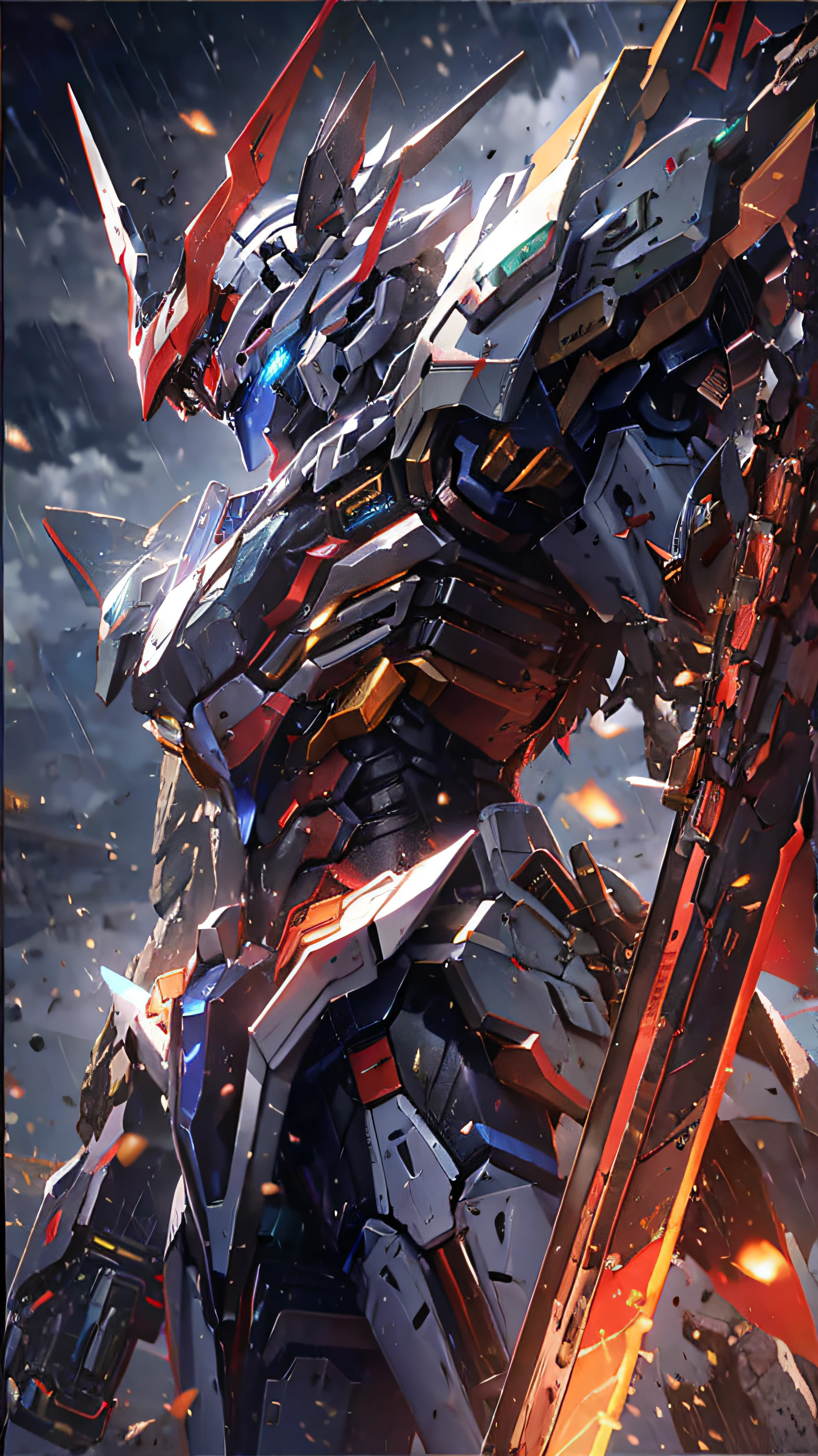 Un primer plano de un robot con una espada bajo la lluvia, Estilo Cool Mecha, Arte mecha, anime mecha aesthetic, mecha aesthetic, armored core style mecha, well armored mech dragon, ilustraciones detalladas del anime, barbatos mobile suit, Arte detallado del anime, Arte de anime digital avanzado, Anime mecha, Inspirado en mechas, Barbatos Gundam