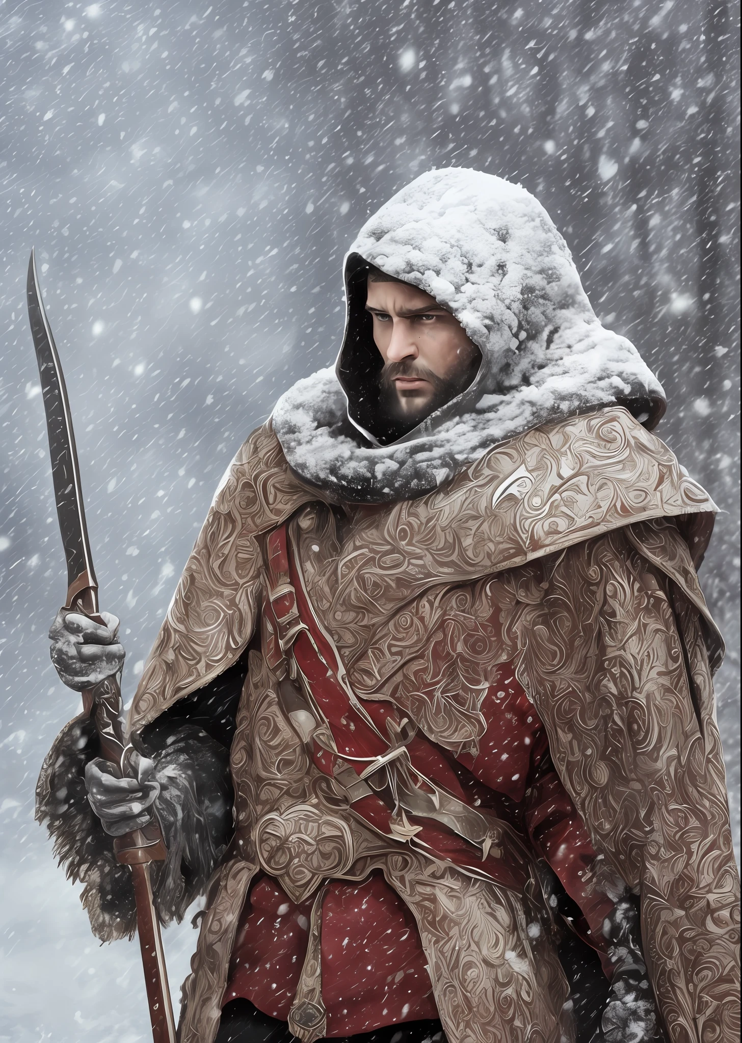 A king with a sword in the snow, digital art, high quality, HQ --auto --s2
