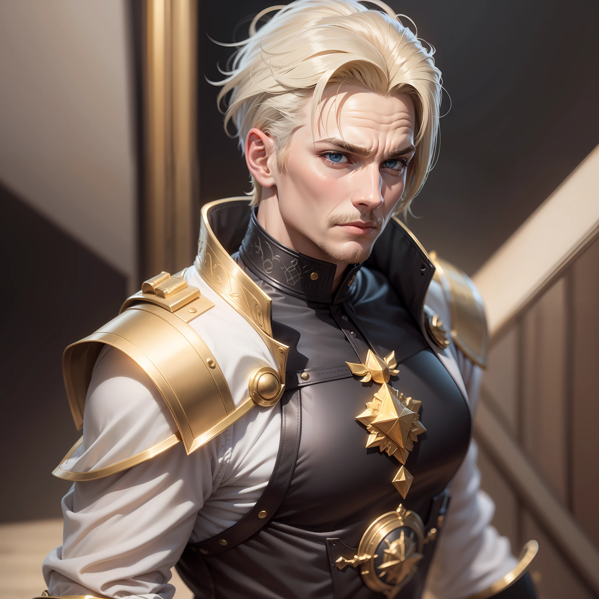 imagem realista com uma arte em estilo personagem de anime de um homem loiro de 30 e poucos anos, forte, alto, Short blonde hair combed back and fixed with gel, olhos claros, dressed in black and white cleric's costumes and with golden shoulder pads, Fascinado,  Standing in a darkroom
