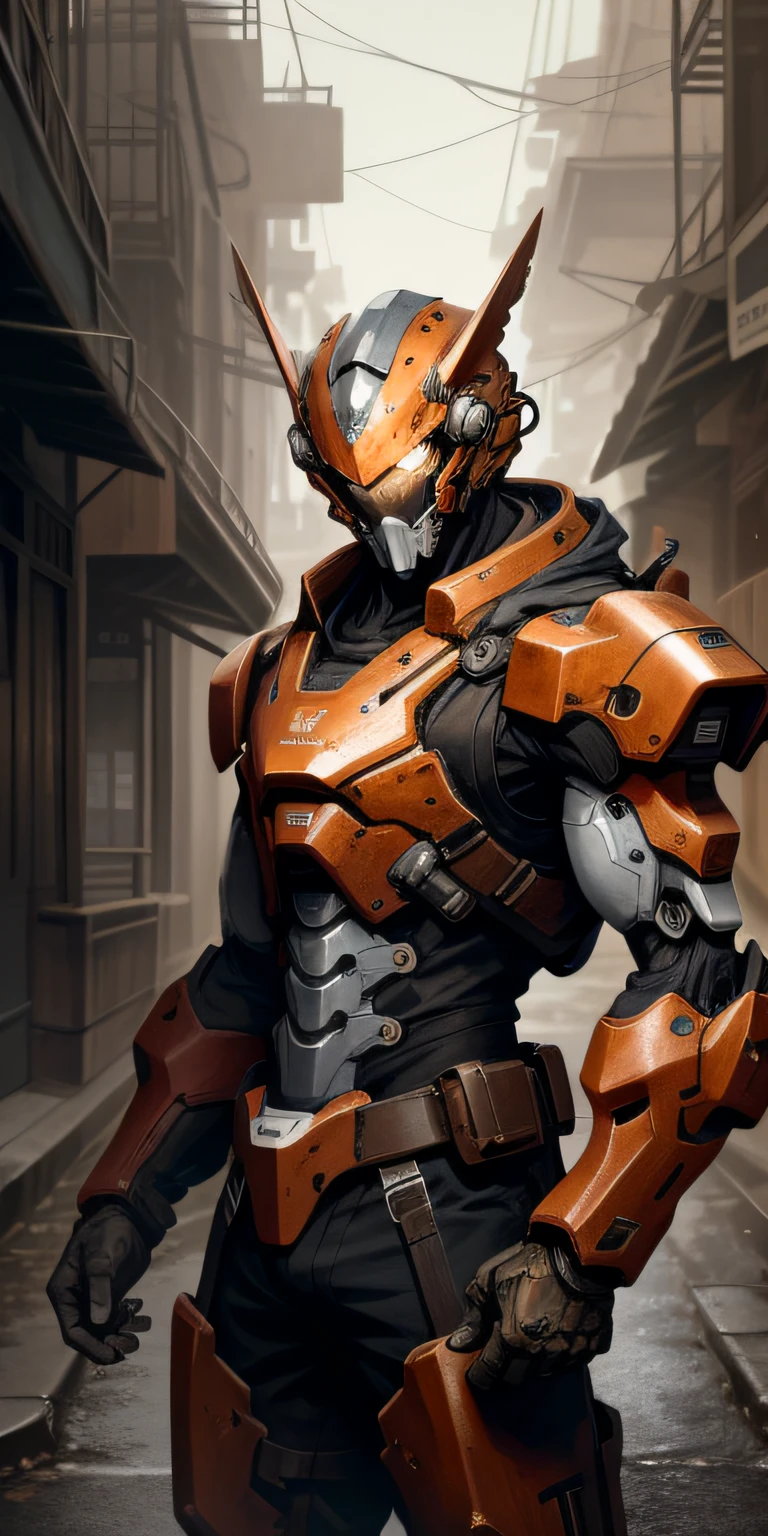 Portrait photo of an alpha male, perfect eyes, in a worn mecha suit, intricate, (steel metal [rust]), elegant, sharp focus, photo by greg rutkowski, soft lighting, vibrant colors, masterpiece, ((streets)), cowboy shot, dynamic pose,