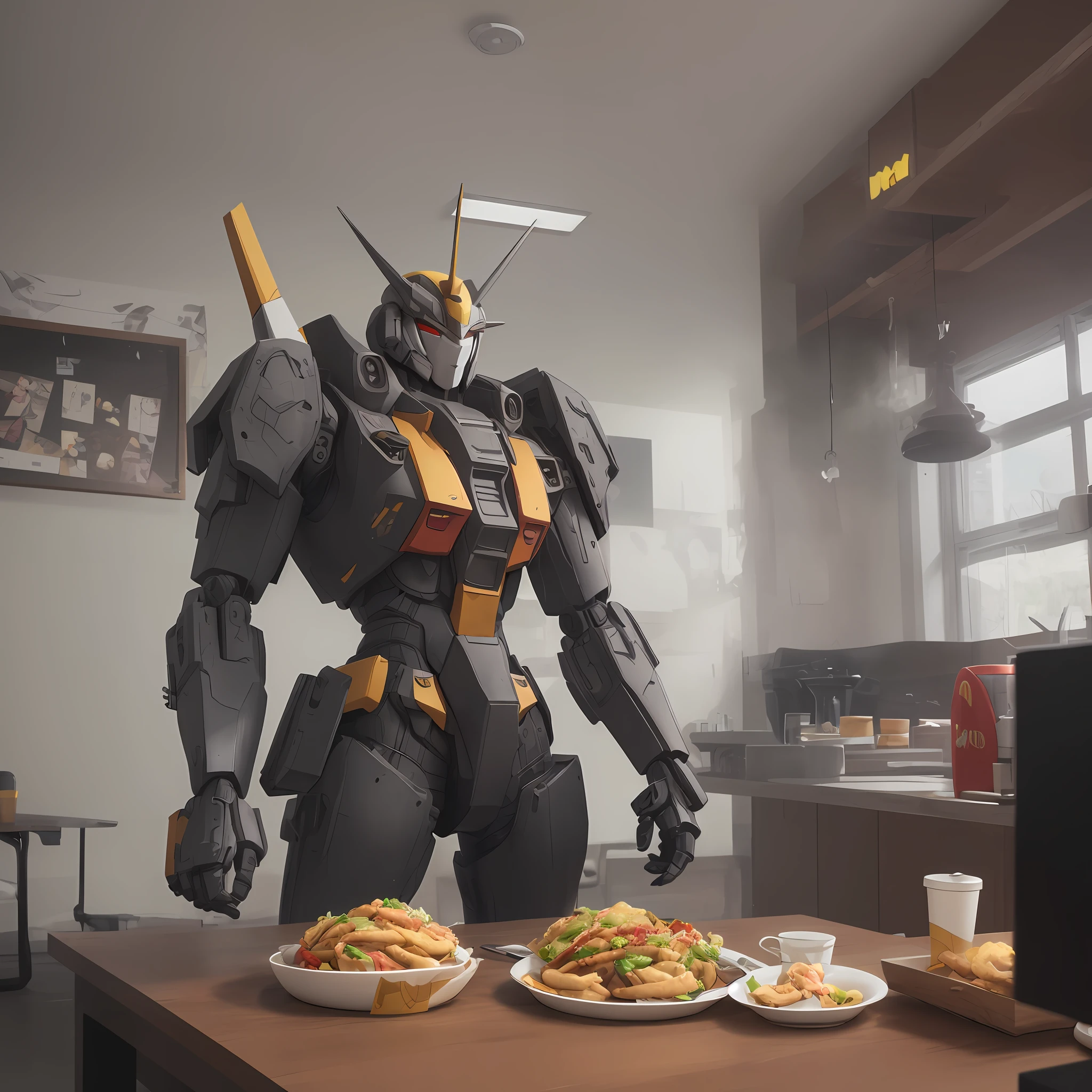 Mech Gundam sits at the table,Holding a plate of food in his hand, a mcdonalds gundam, fine details 8k octane rendering, cinematic shot ar 9:16 -n 6 -g, 8k octane unreal render, rendered in unreal 5, octane 8 k render, octane 8k render, hyperealistic octane render, 8 k octane detailed render --auto