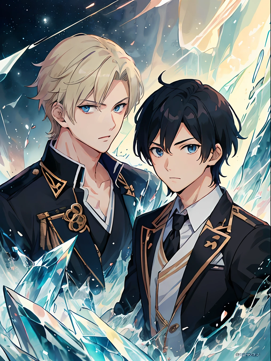 ((最好的质量、A masterpice))、Two anime handsome men、knights、black  hair、a blond、Blue eyes、Golden Eyes、sirius a and sirius b、Comic art、high quality fanart、from cryptid academia、inspired by Masanobu Okumura、epic anime style、detailed fan art、Akihiko Inoue and Rostran