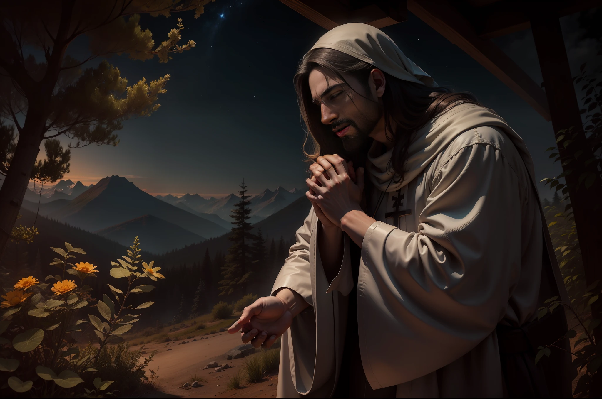 doa, homem Rezando, homem orando, Rezando, FAITH IN GOD, Jesus Cristo, Cristo Jesus, messias, prayers to God, montanhas, Caminhos, Natureza, Deus, skies, celestial, Rendering, fotorrealista, Ultra HD |, 4k, texturas detalhadas, cores detalhadas, Sombras realistas, sombras detalhadas, Cristo, decente, long tunic, Moving prayer, exciting prayer, Praying with emotion, peace of mind, floresta nas montanhas, palmeiras, homem, macho, Jesus, iesus, Messias de Israel, hebreu,