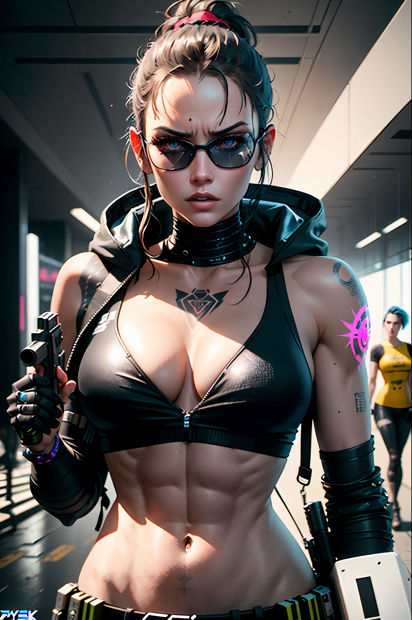 arafed woman with a gun and a tattoo on her chest, cyberpunk art inspired by Ryan Barger, cgsociety contest winner, digital art, cyberpunk 2 0 y. o model girl, muscular! cyberpunk, cyberpunk beautiful girl, hyper-realistic cyberpunk style, ultra realistic concept art, cyberpunk girl, cyberpunk style ， hyperrealistic, cyberpunk angry gorgeous goddess