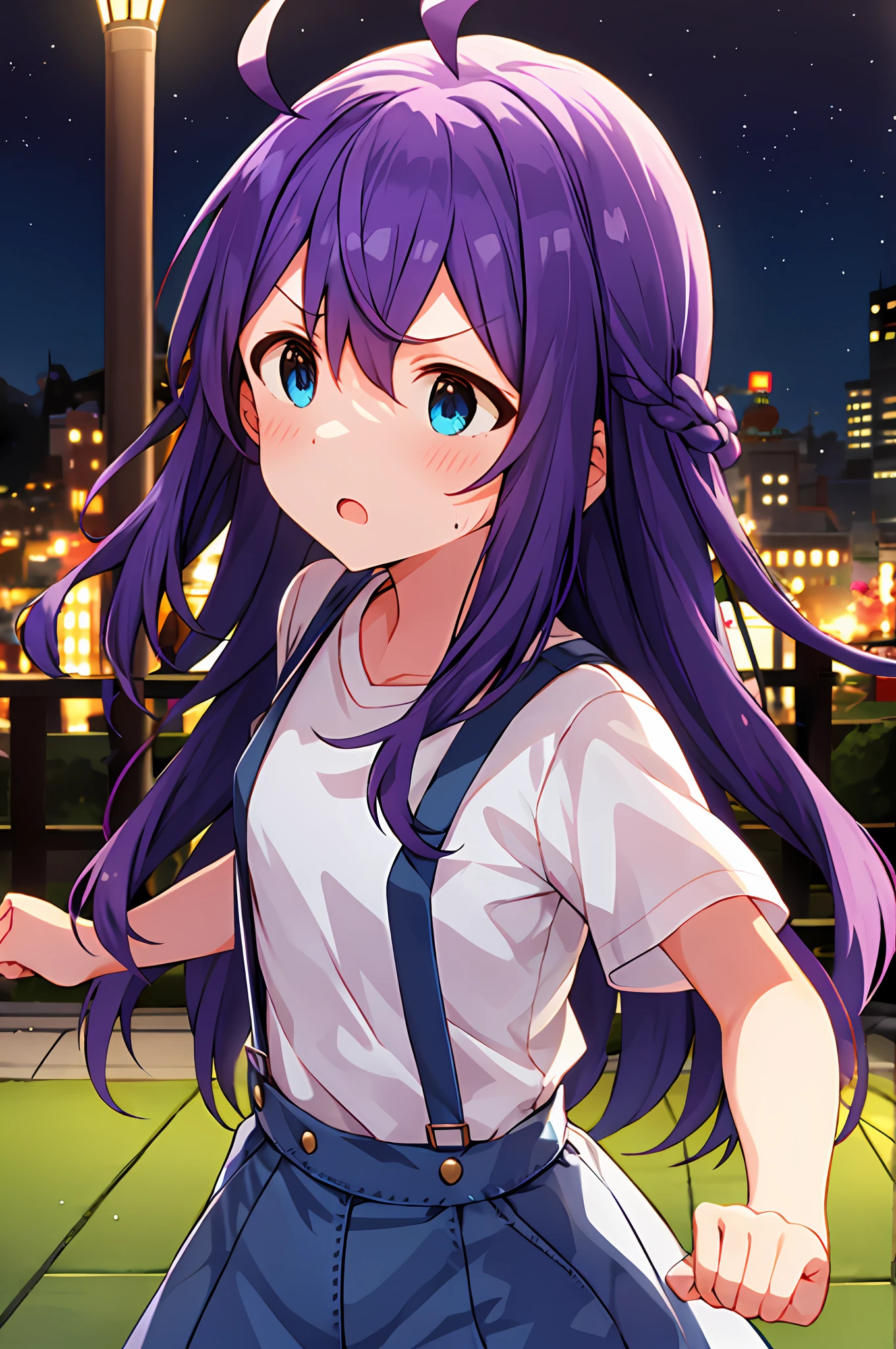 mochizuki anna,1girls,Solo,Long hair,Purple hair,Small_Ahoge,Blue eyes.Short stature.white t-shirts.suspenders.Skirt.Night view.fighting stance.Despair face.Clench your fists.sweat.Opening Mouth.