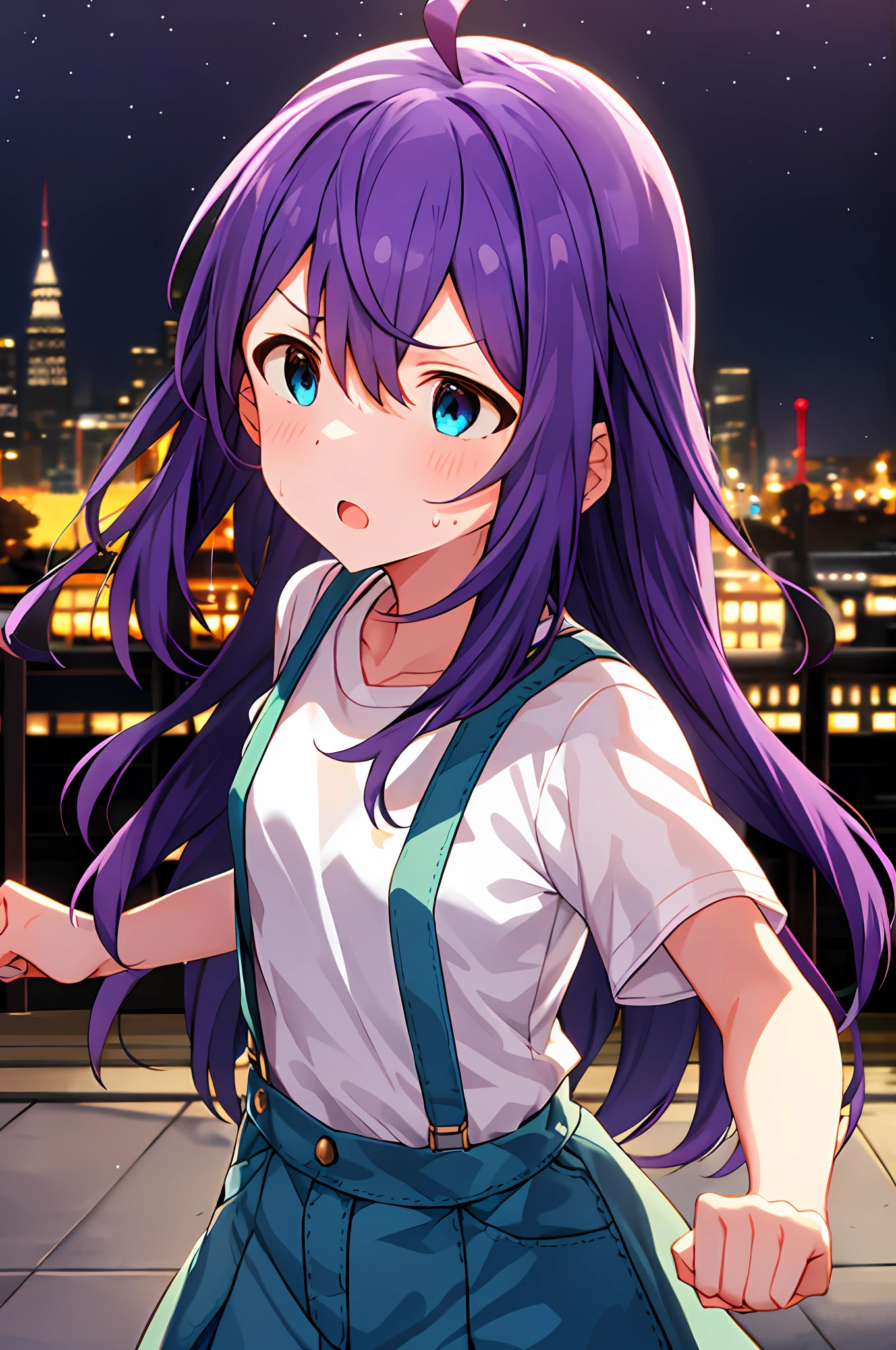 mochizuki anna,1girls,Solo,Long hair,Purple hair,Small_Ahoge,Blue eyes.Short stature.white t-shirts.suspenders.Skirt.Night view.fighting stance.Despair face.Clench your fists.sweat.Opening Mouth.