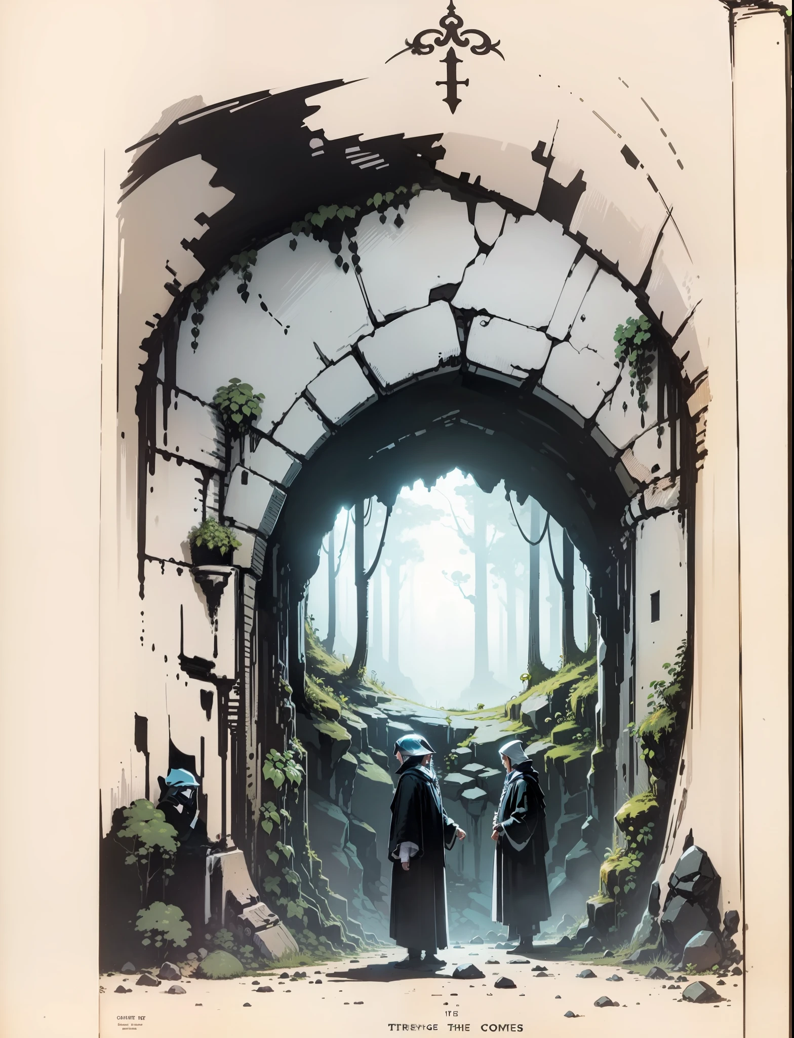 In the cave there are three mysterious men dressed in black robes,There are some strange elves on the side,Color illustration
