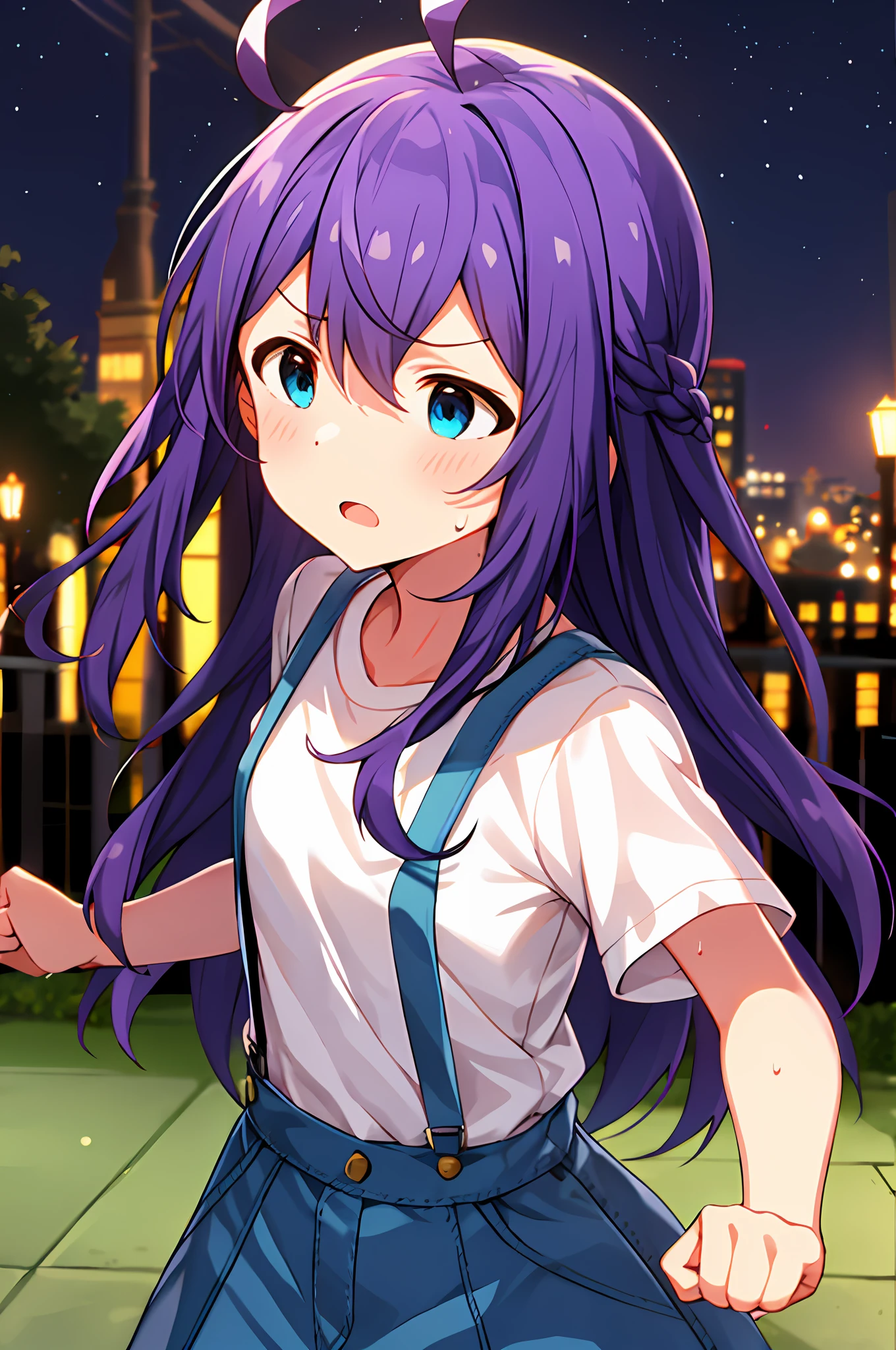 mochizuki anna,1girls,Solo,Long hair,Purple hair,Small_Ahoge,Blue eyes.Short stature.white t-shirts.suspenders.Skirt.Night view.fighting stance.Despair face.Clench your fists.sweat.Opening Mouth.