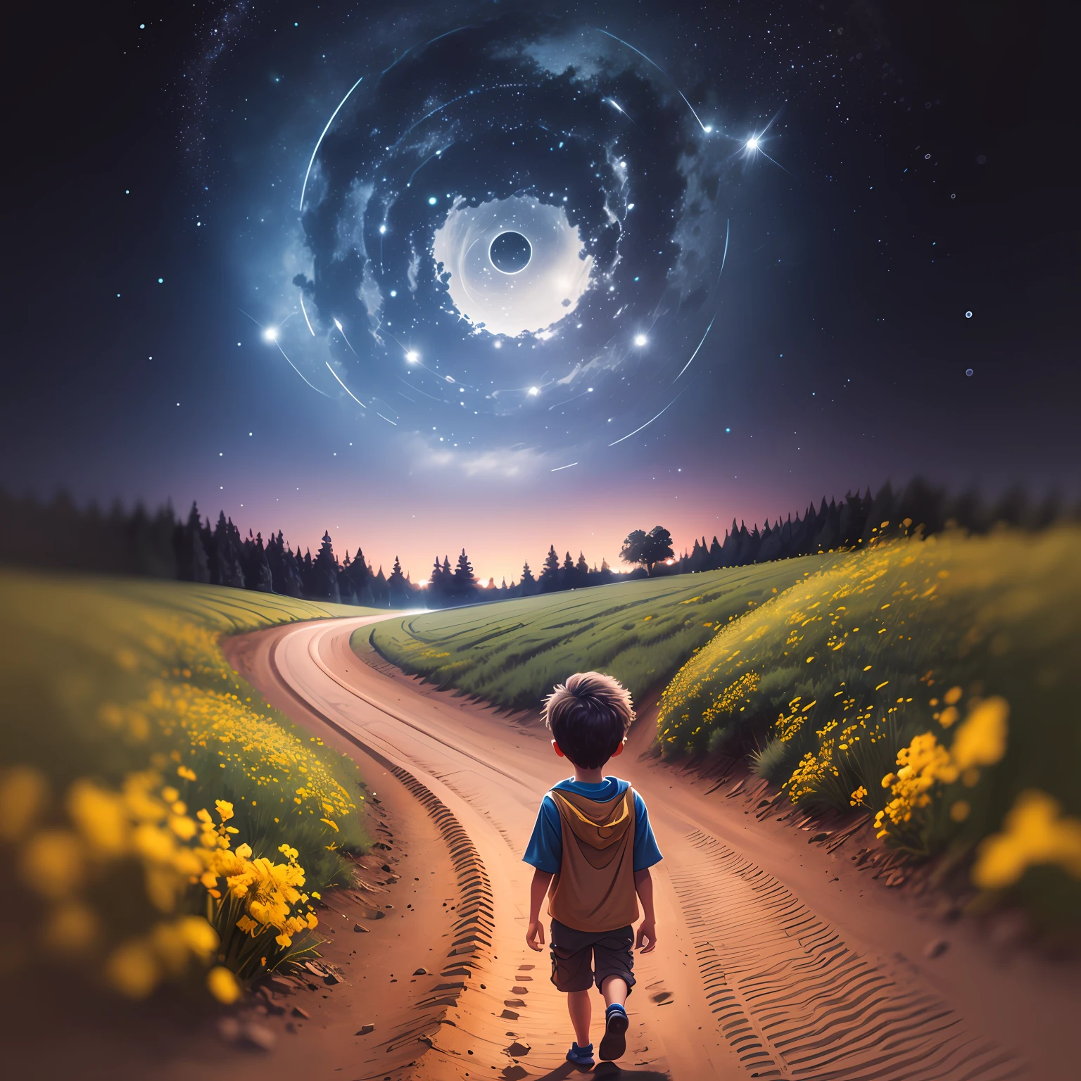 The little boy looks up at the back of the starry sky，Illustration style，succinct --auto