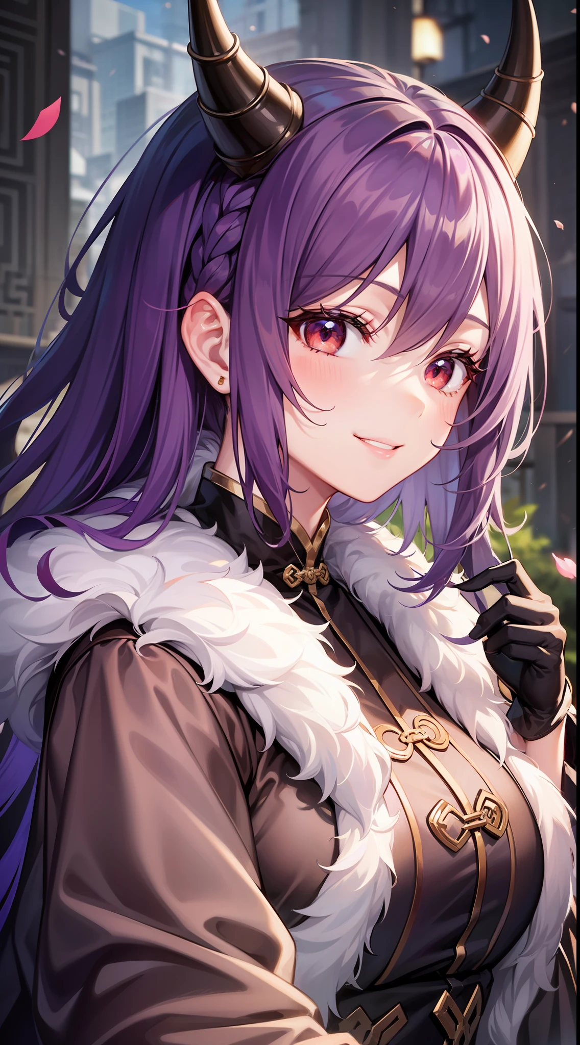 young girl, long curly purple hair, red eyes, Pale, rich Chinese fur coat, Horns, a smile, tea, 巨作, high qulity
