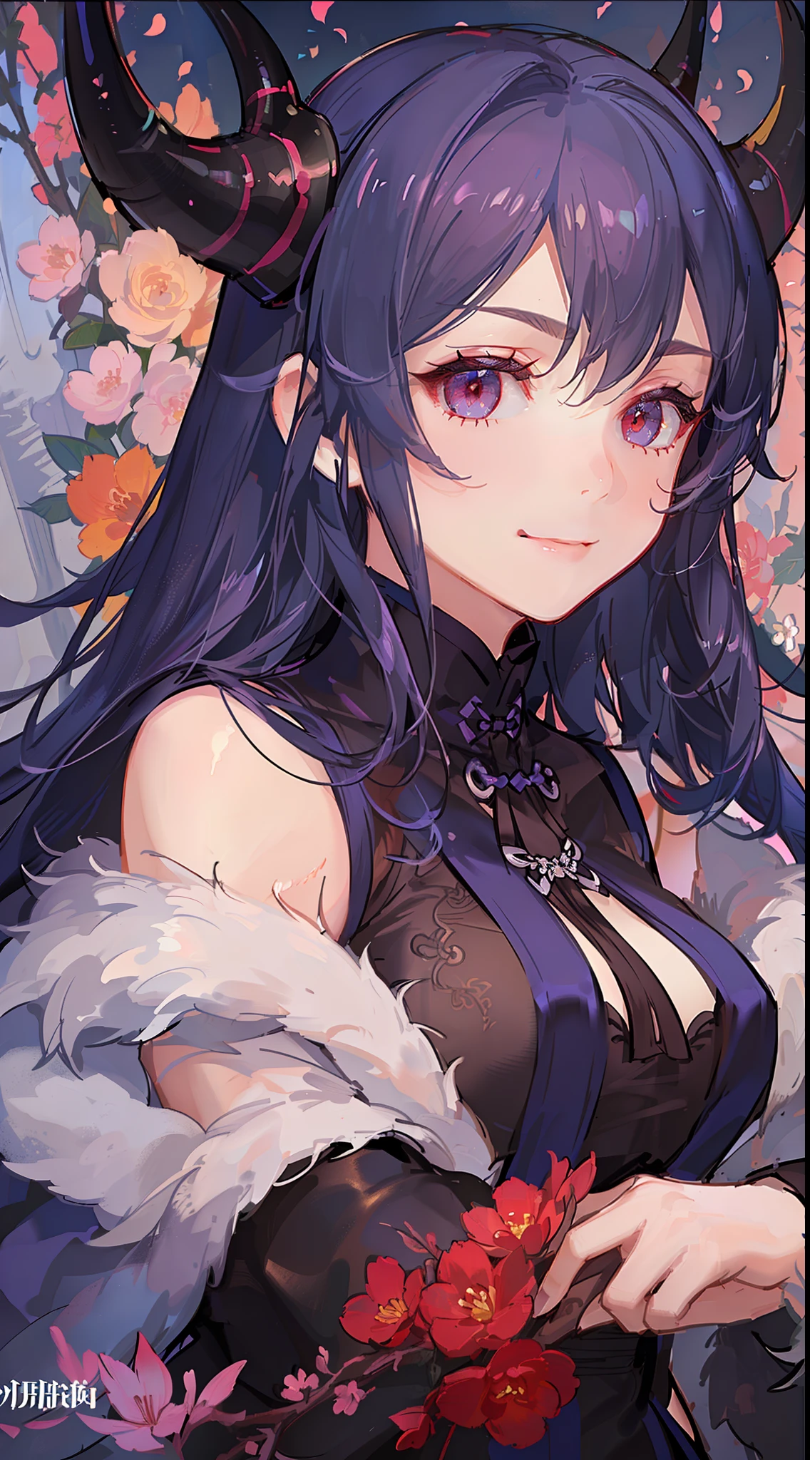 young girl, long curly purple hair, red eyes, Pale, rich Chinese fur coat, Horns, a smile, tea, 巨作, high qulity