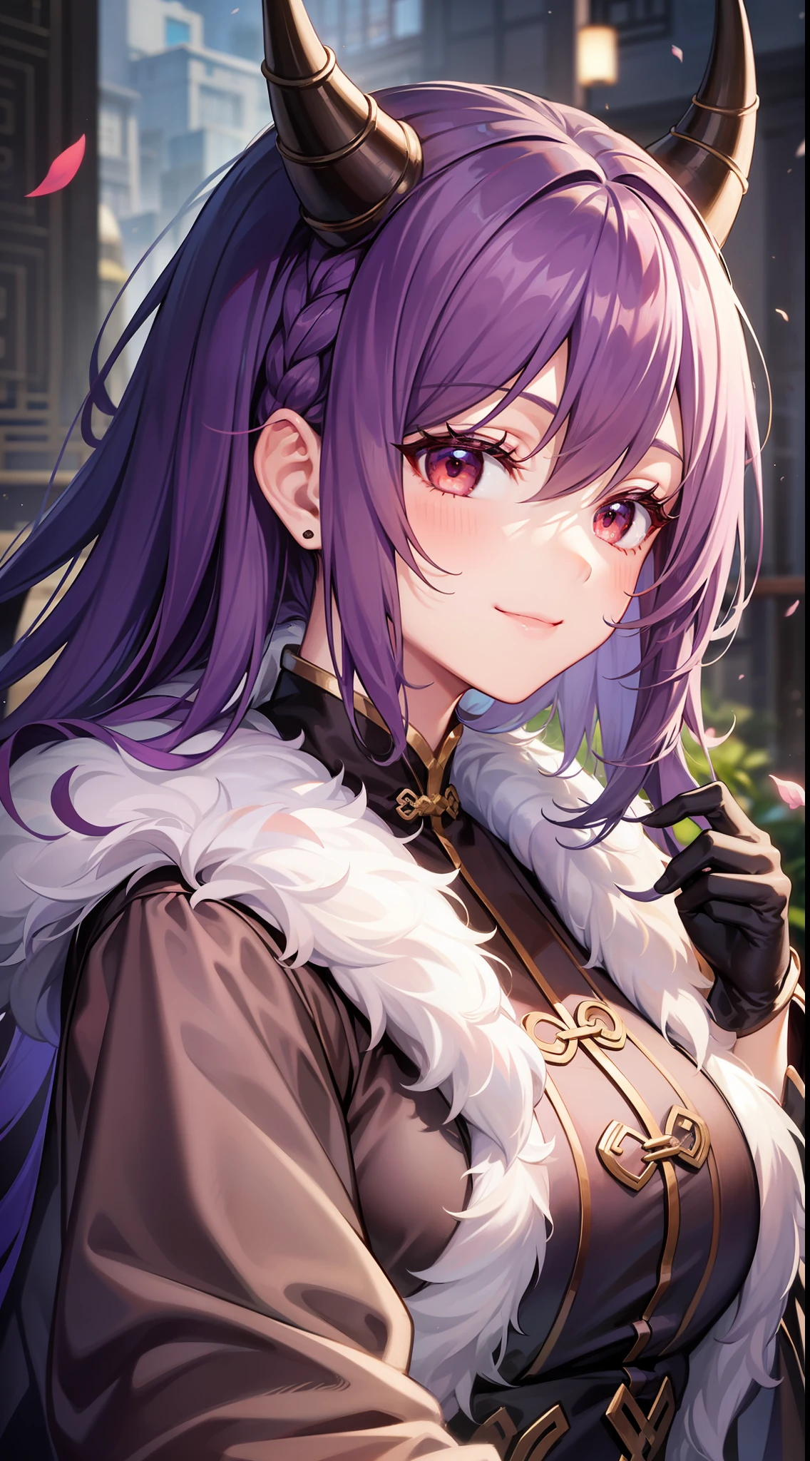 young girl, long curly purple hair, red eyes, Pale, rich Chinese fur coat, Horns, a smile, tea, 巨作, high qulity