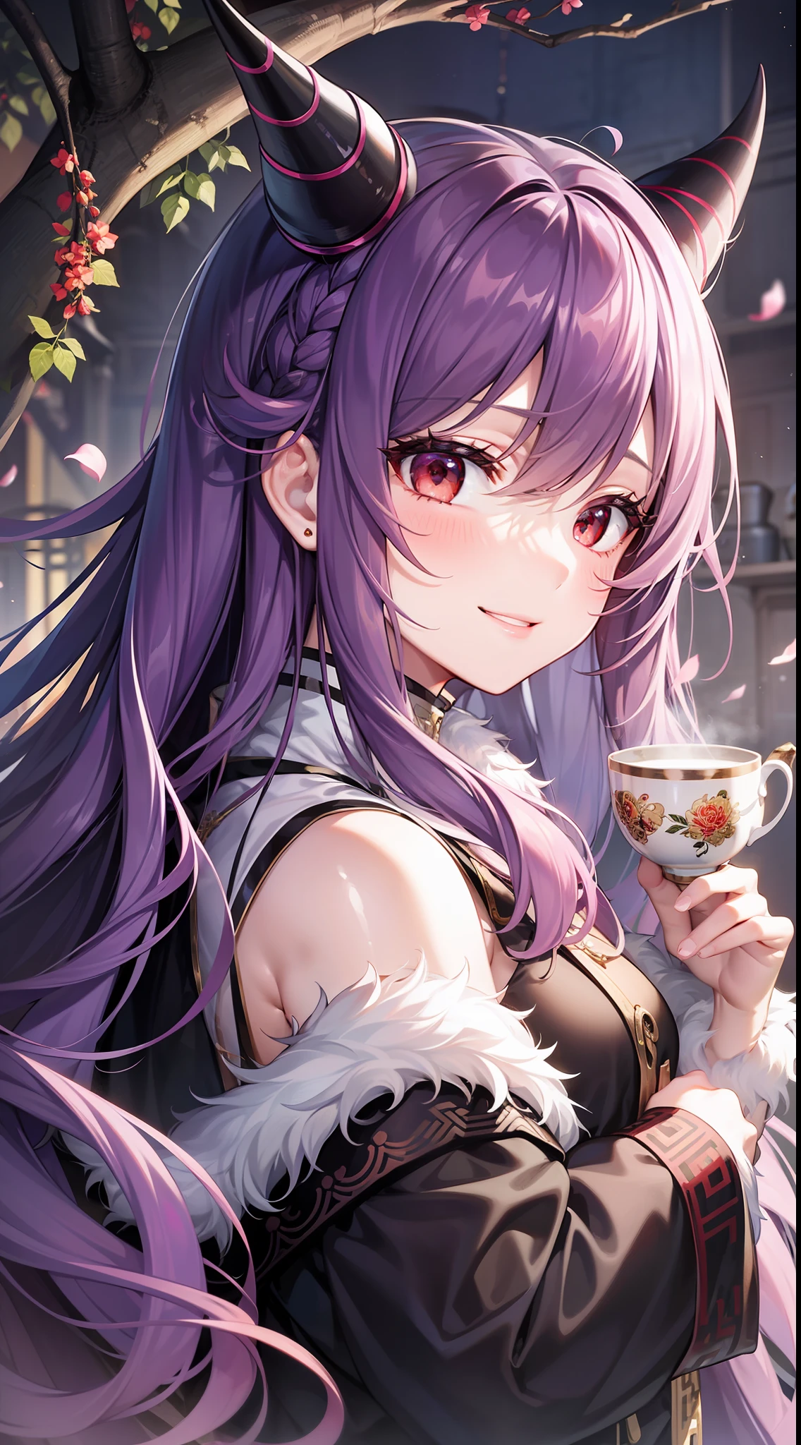 young girl, long curly purple hair, red eyes, Pale, rich Chinese fur coat, Horns, a smile, tea, 巨作, high qulity