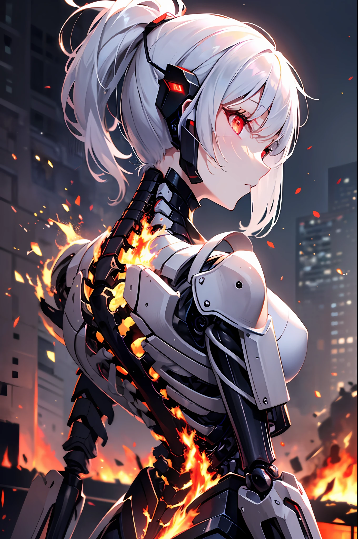 Top quality, masterpiece, fine details, very delicate 8k wallpaper, beautiful mechanical girl, (white ponytail), beautiful bare back, show the shoulder from the back, solo focus, back focus, diagonally, (look back), (glowing red eyes), (exoskeleton spine), (mechanical joints, mechanical limbs), (burning building),