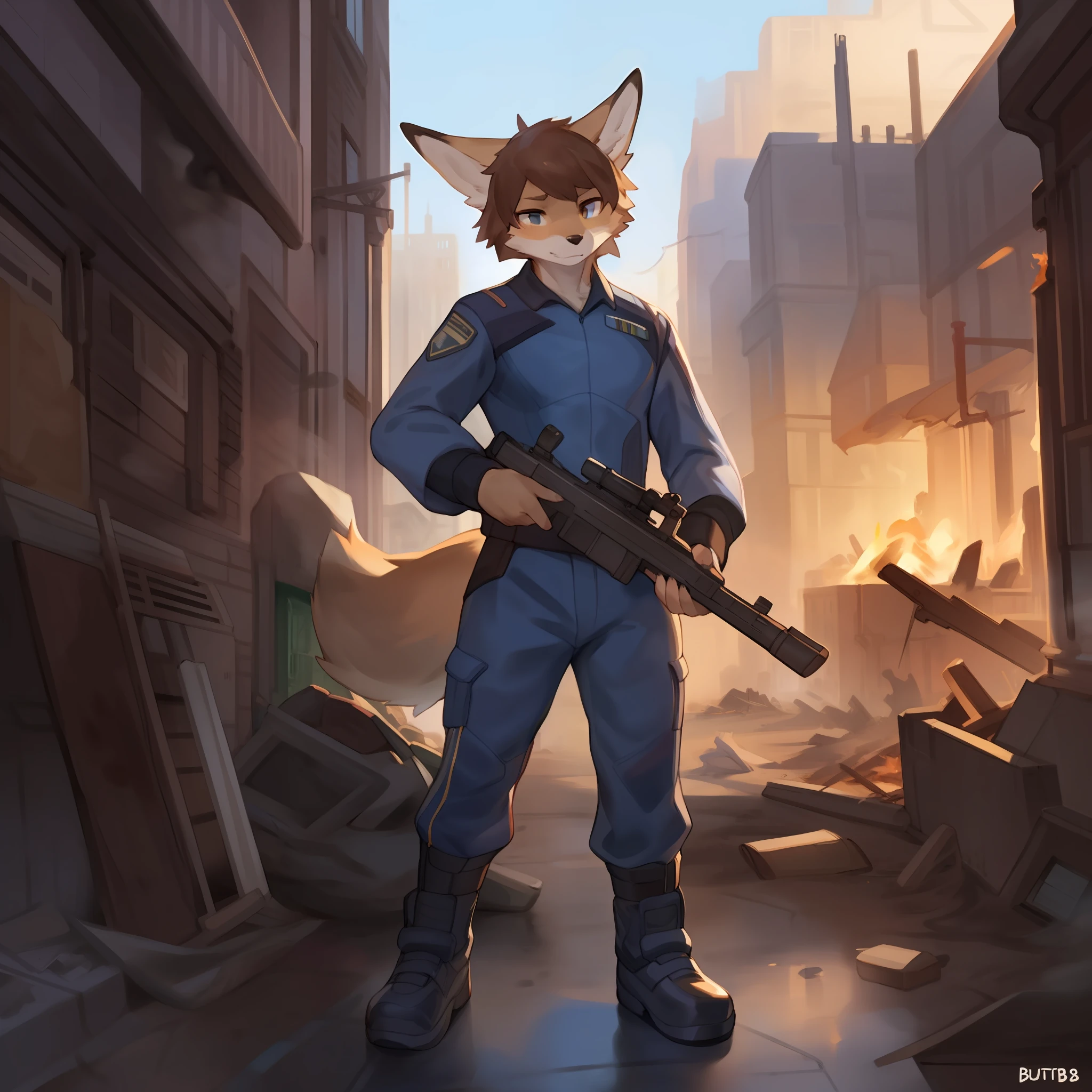 Solo, male, soldier, grey uniform, canine, tan fur, fennec fox, frowning, holding rifle, standing, destroyed city, ruined city, fire, smoke covered sky, by bebebebebe, by buta99, by chunie, by glitter trap boy, by chelodoy, by spikedmauler, brown hair, sci fi, grey bodysuit